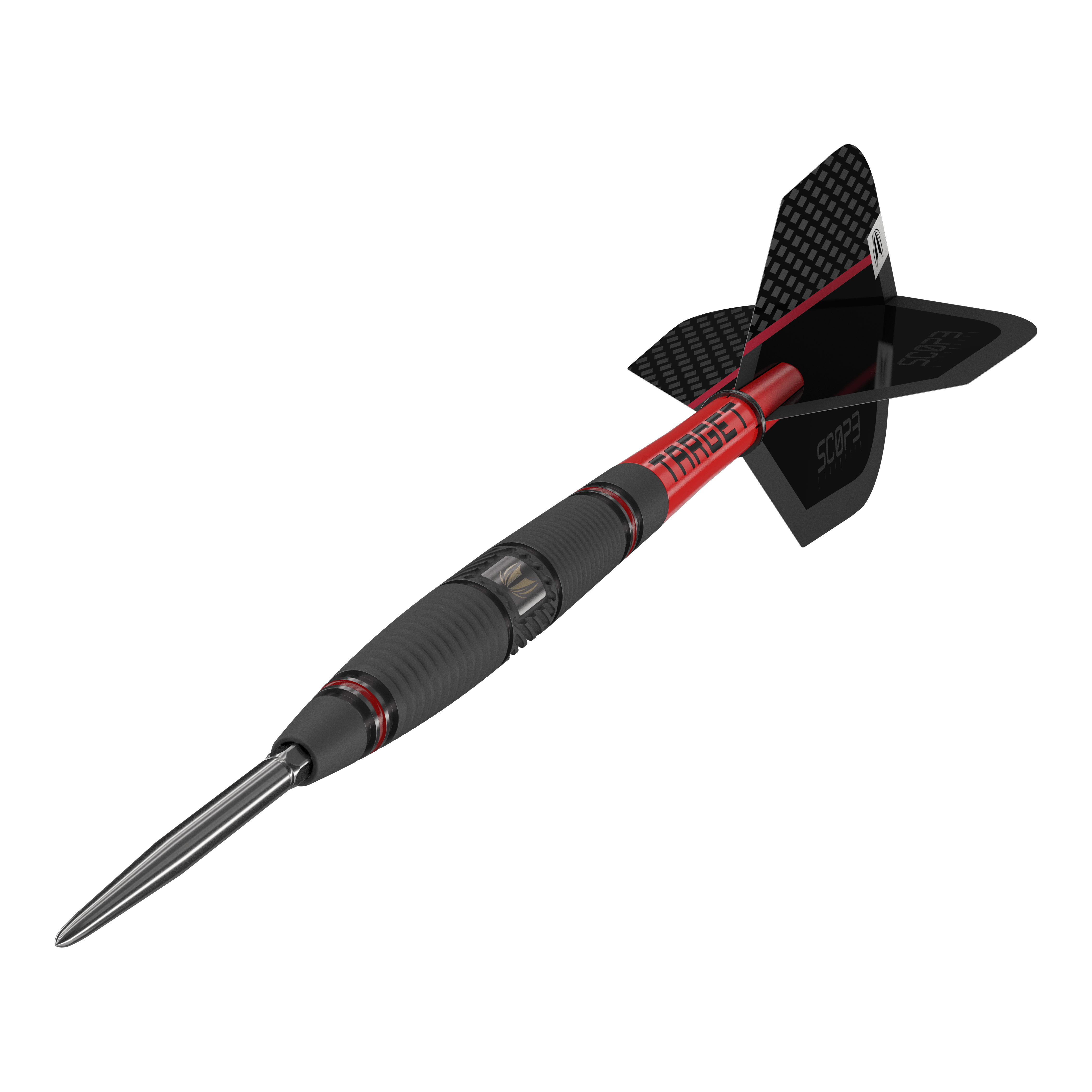 Target Scope 04 Swiss Point stalen darts Das Bild zeigt den Target Scope 04 Swiss Point Steeldart. Der Dart hat ein schwarz-rotes Design mit geriffeltem Griff und einer metallischen Spitze.