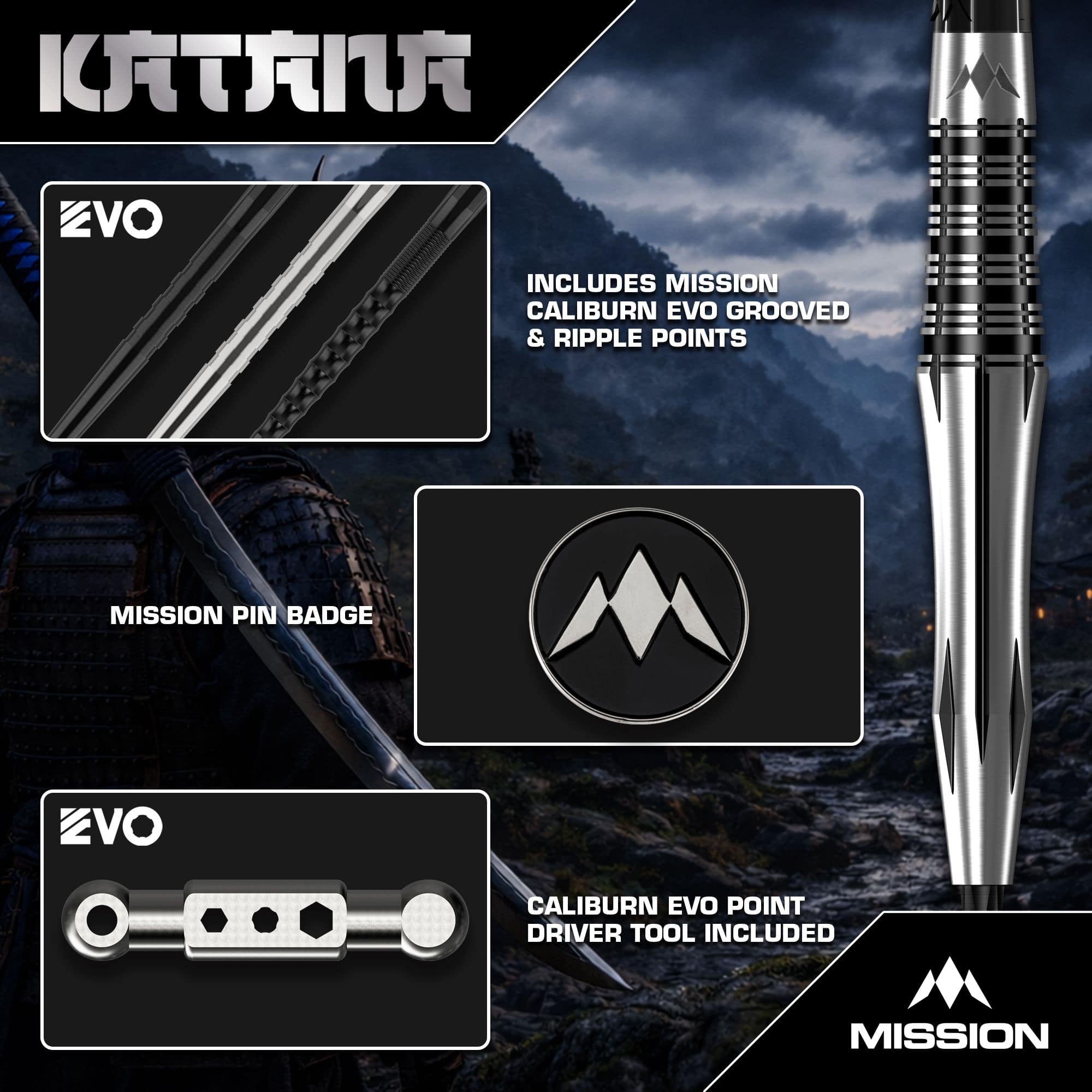 Mission Katana stalen pijlen Mission Katana Steeldarts sind hochwertige Steeldarts. Auf dem Bild ist das Produkt aus nächster Nähe zu sehen.