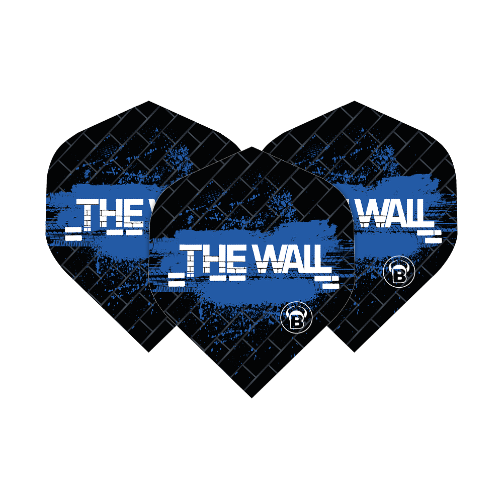 Bulls B-Star Martin Schindler Zwart Blauw No2 Standaard Vluchten Das Bild zeigt drei schwarze Dart-Flights mit blauen Akzenten und der Aufschrift „THE WALL“. Es handelt sich um die Bulls B-Star Martin Schindler Black Blue No2 Standard Flights.
