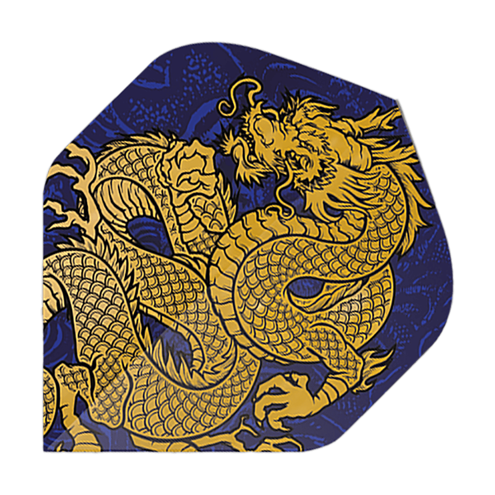 Pentathlon Vluchten Draakblauw Das Bild zeigt ein Dart-Flight mit einem goldenen Drachenmotiv auf dunkelblauem Hintergrund. Es handelt sich um das Produkt "Pentathlon Dragon 4 Standard Flights".