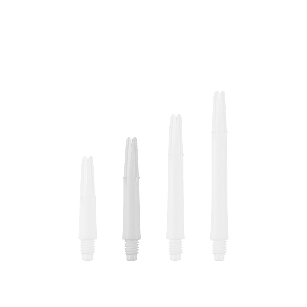 L-L-Style-Shafts Locked Straight - White Auf dem Bild sind vier weiße, gerade Dartschäfte in unterschiedlichen Längen zu sehen. Sie stehen nebeneinander aufrecht auf einem grünen Hintergrund.