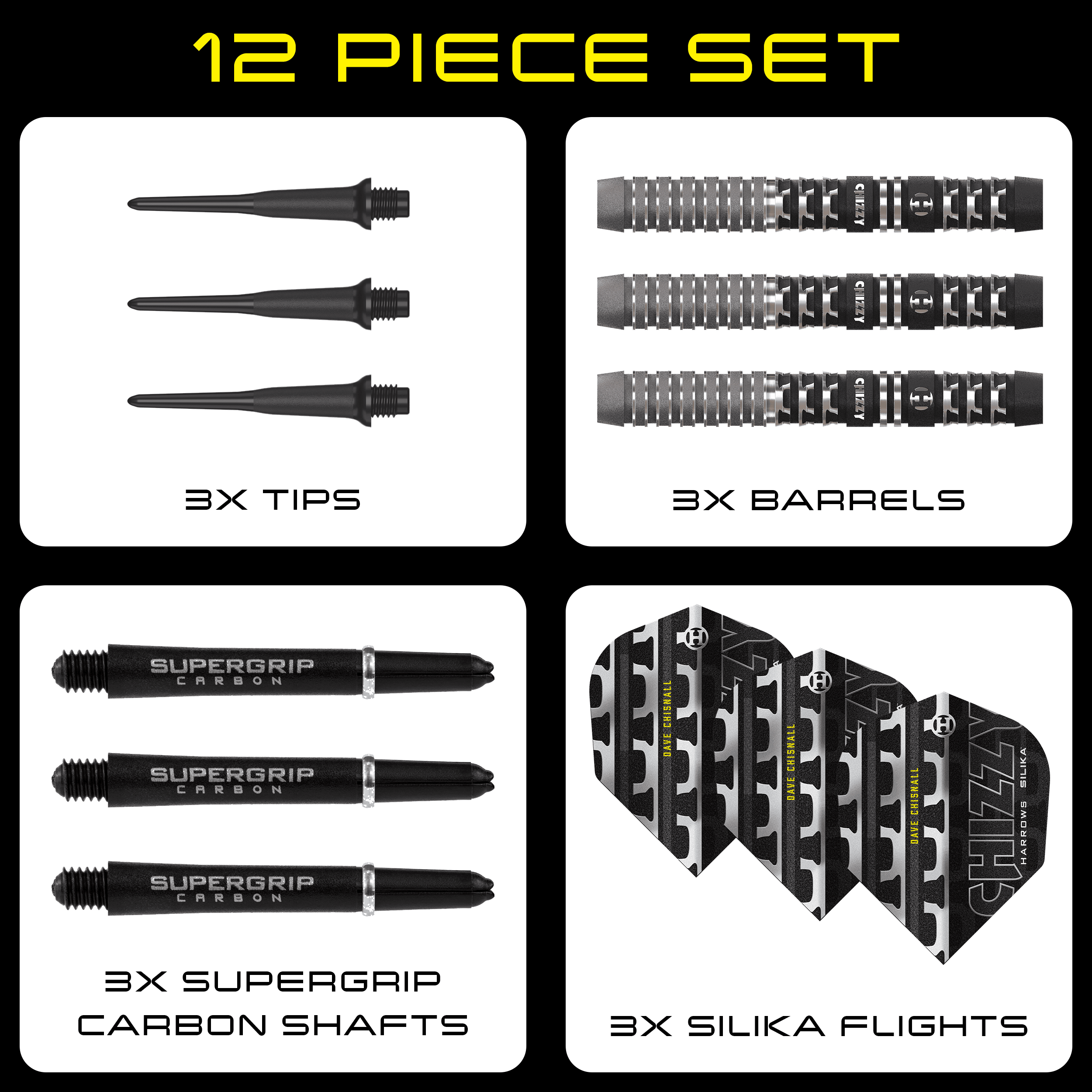 Harrow's Dave Chisnall Chizzy Series 4 zachte darts Zu sehen sind die Harrows Dave Chisnall Chizzy Series 4 Softdarts. Diese Softdarts bieten eine ausgezeichnete Qualität für Dartliebhaber.