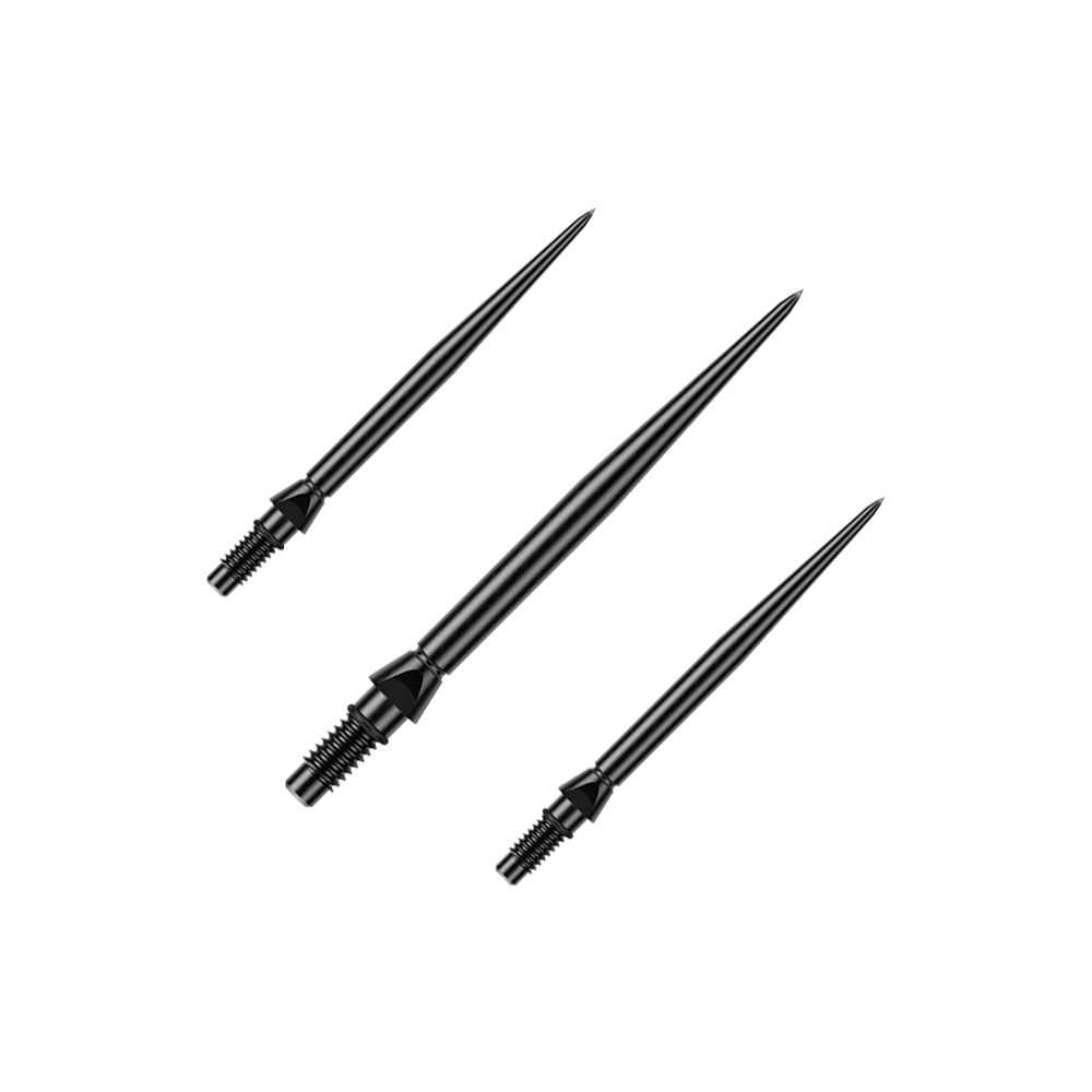 Winmau Switch Point gladde stalen dartpunten - zwart Auf dem Bild ist ein Set schwarzer glatter Steeldartspitzen von Winmau zu sehen. Die Spitzen sind 26mm lang.