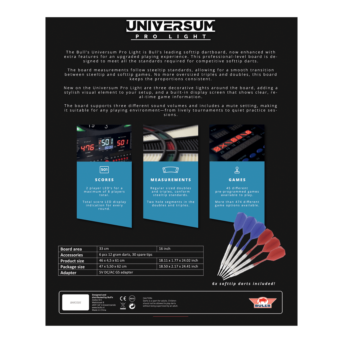 Bulls NL Universum Pro Light Elektronisch Dartbord - Blauw Rood Auf dem Bild ist das Bulls NL Universum Pro Light Elektronisches Dartboard - Blau Rot zu sehen. Es eignet sich perfekt für Darts-Spiele zu Hause.