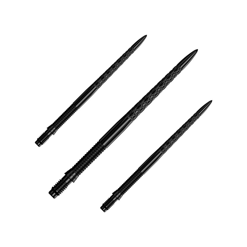 Ein Set schwarzer Dartspitzen ist zu sehen. Die Dartspitzen sind Mission R25 Rapid Point DSX mit einer Länge von 40mm.
