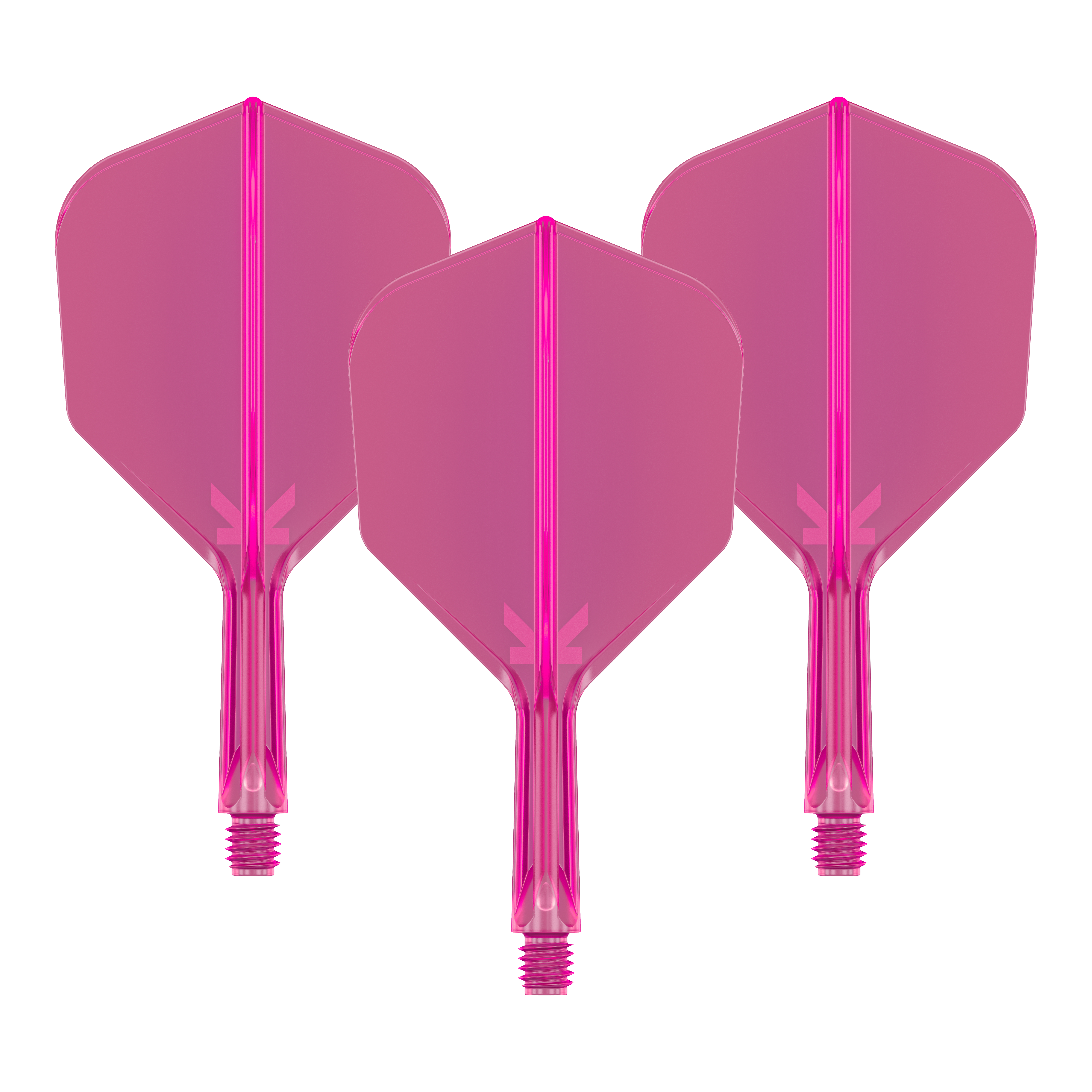 Target K-Flex No6 Vluchtsysteem - Neon Roze Das Bild zeigt drei neonpinke Dart-Flights mit angesetzten Schäften. Sie sind nebeneinander angeordnet und haben ein transparentes Design.