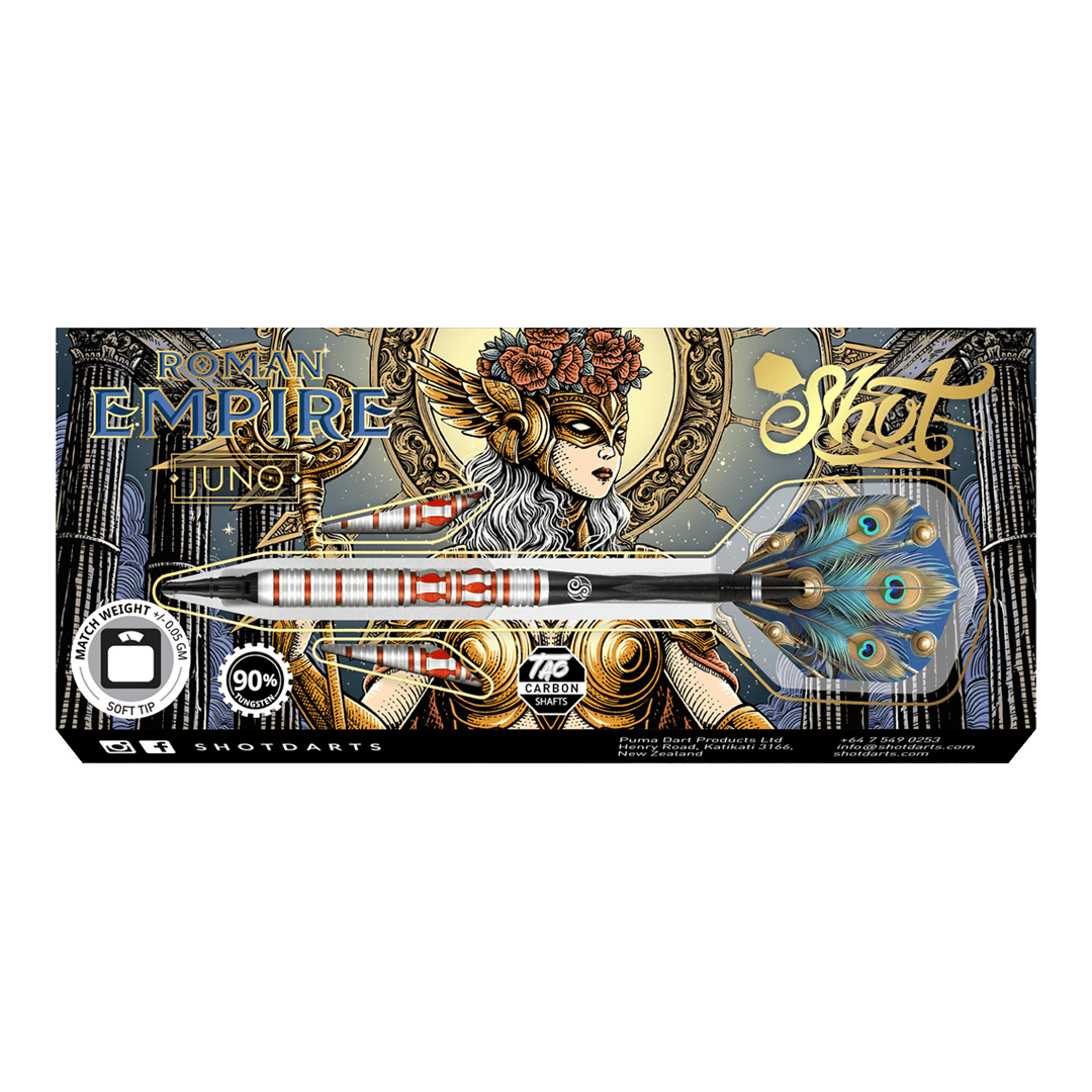 Shot Roman Empire Juno zachte darts Das Bild zeigt die Verpackung der Shot Roman Empire Juno Softdarts. Auf der Verpackung ist ein kunstvolles Design mit einer Kriegerin und auffälligen Farben abgebildet.