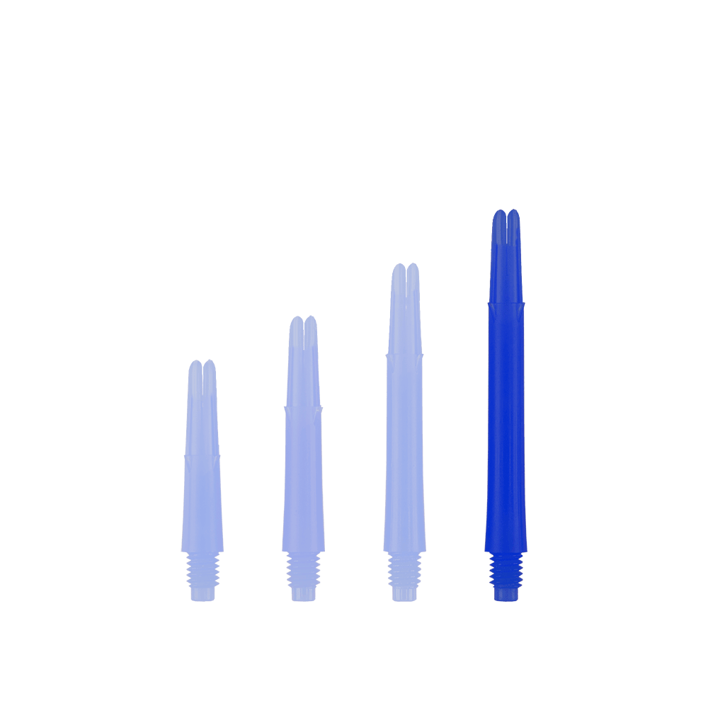 L-L-Style-Shafts Locked Straight - Blauw Auf dem Bild sind vier blaue gerade Dartschäfte in unterschiedlichen Längen zu sehen. Sie stehen nebeneinander aufrecht und haben ein Schraubgewinde am unteren Ende.