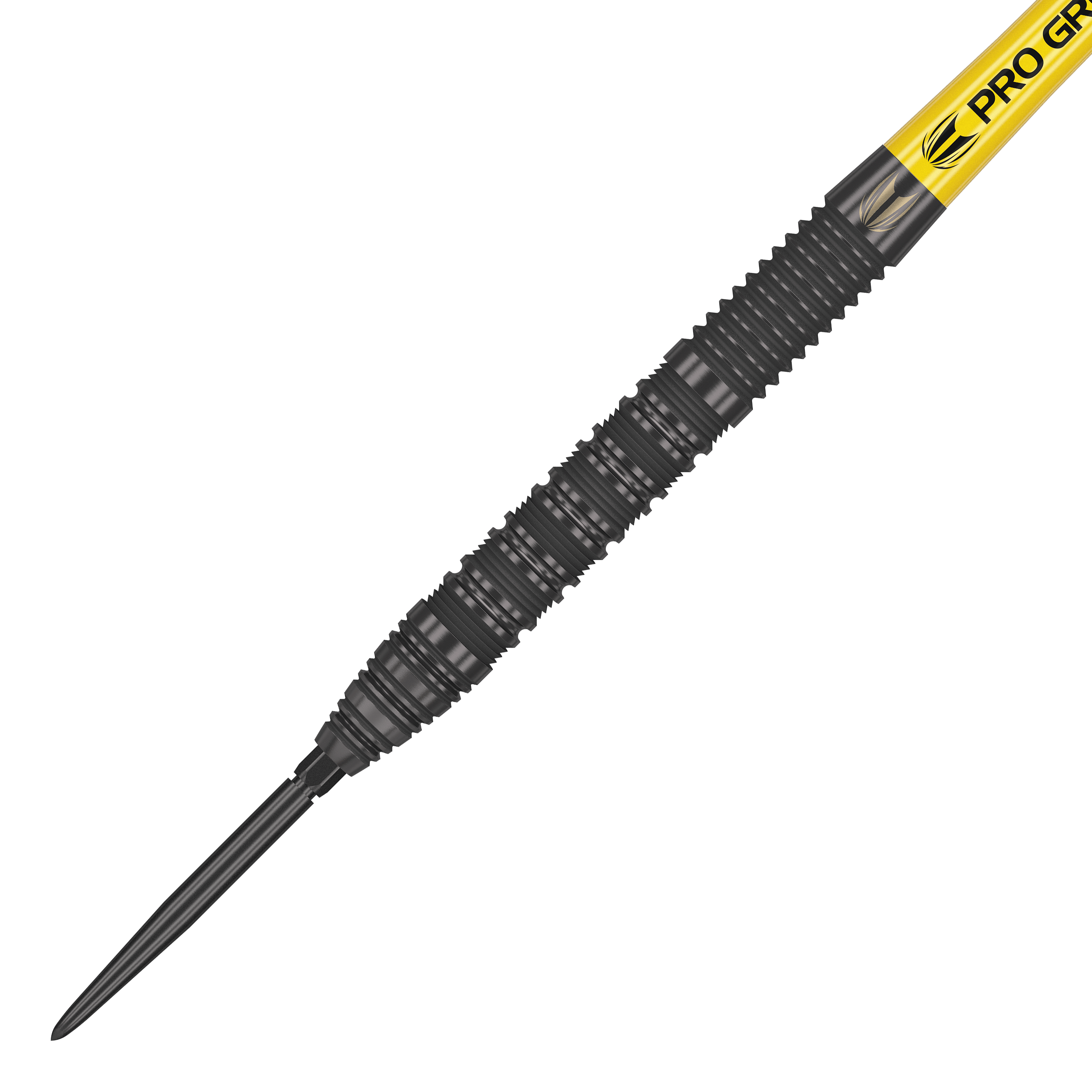 Target Bolide Void 01 Swiss Point Steeldarts Das Bild zeigt einen Target Bolide Void 01 Swiss Point Steeldart. Der Dartpfeil hat ein schwarzes, strukturiertes Griffdesign und eine gelbe Beschriftung am Schaft.