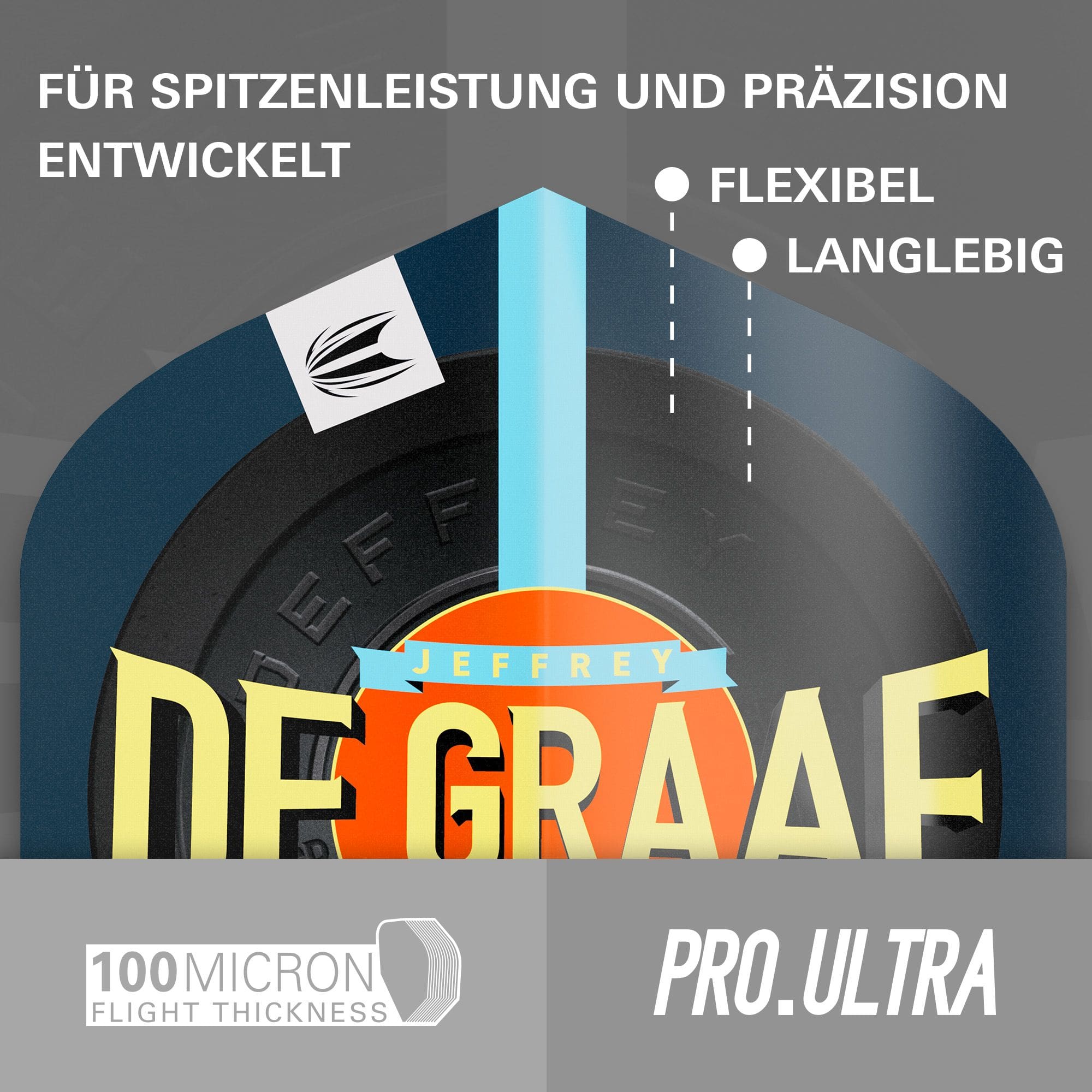 Target Pro Ultra Jeffrey De Graaf GEN1 No2 Standaardvluchten - 3 sets Das Bild zeigt die Target Pro Ultra Jeffrey De Graaf GEN1 No2 Standard Flights in drei Sets. Die Flights sind flexibel, langlebig und haben eine Stärke von 100 Mikron.