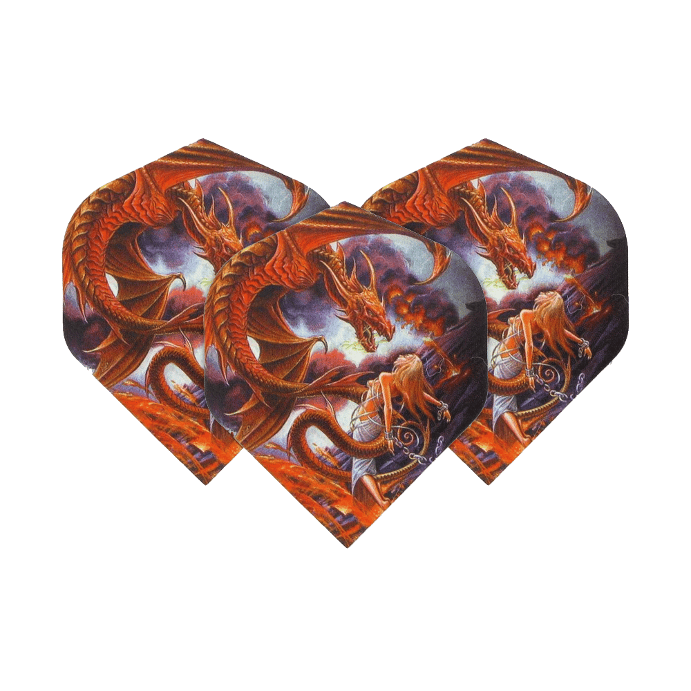 Alchemy Forge Of Vesuvius No2 Standaardvluchten Das Bild zeigt drei Dart-Flights mit einem fantasievollen Drachenmotiv. Auf den Flights ist ein roter Drache über einer Frau und feuriger Landschaft abgebildet.