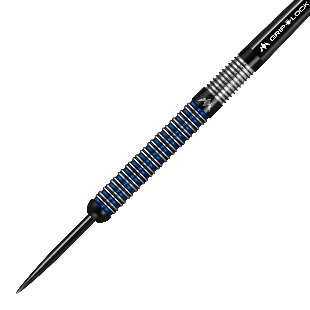 Mission Nightfall Model 1 stalen darts Das Bild zeigt einen Mission Nightfall Model 1 Steeldart. Der Dart hat ein modernes Design mit silbernen und blauen Ringen am Barrel.