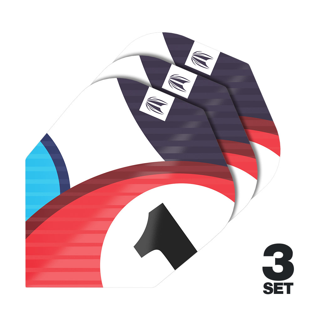 Target Pro Ultra Chicane Blauw No6 Flights - 3 sets Das Bild zeigt drei Sets von Target Pro Ultra Chicane Blue No6 Flights für Darts. Auf den Flights sind rote, blaue und schwarze Designelemente sowie die Zahl 1 zu sehen.