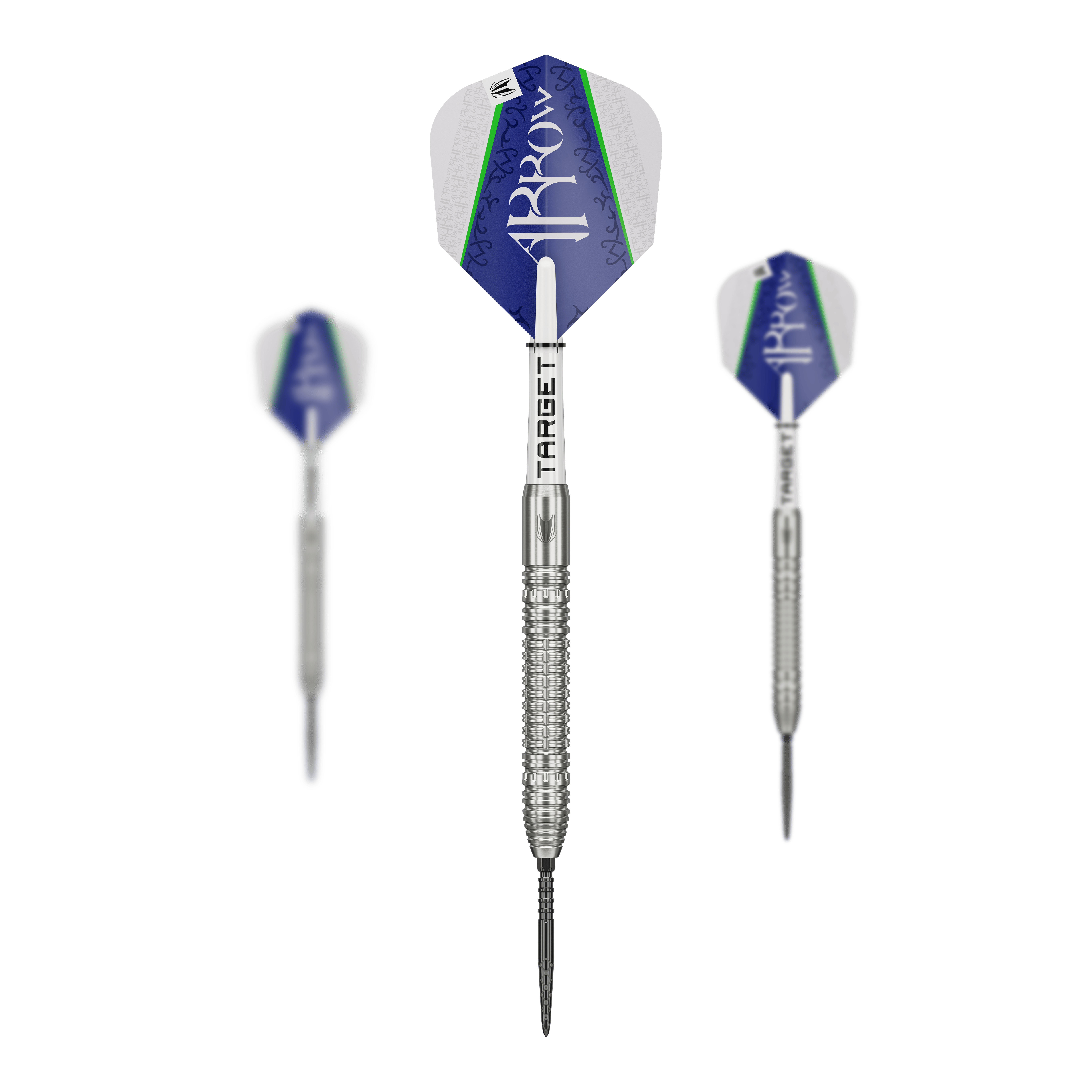 Das Bild zeigt drei Steeldarts des Modells "Target Shane McGuirk GEN1 Swiss Point - 23g". Die Darts haben silberne Spitzen und Schäfte sowie blau-weiße Flights mit grünen Akzenten.