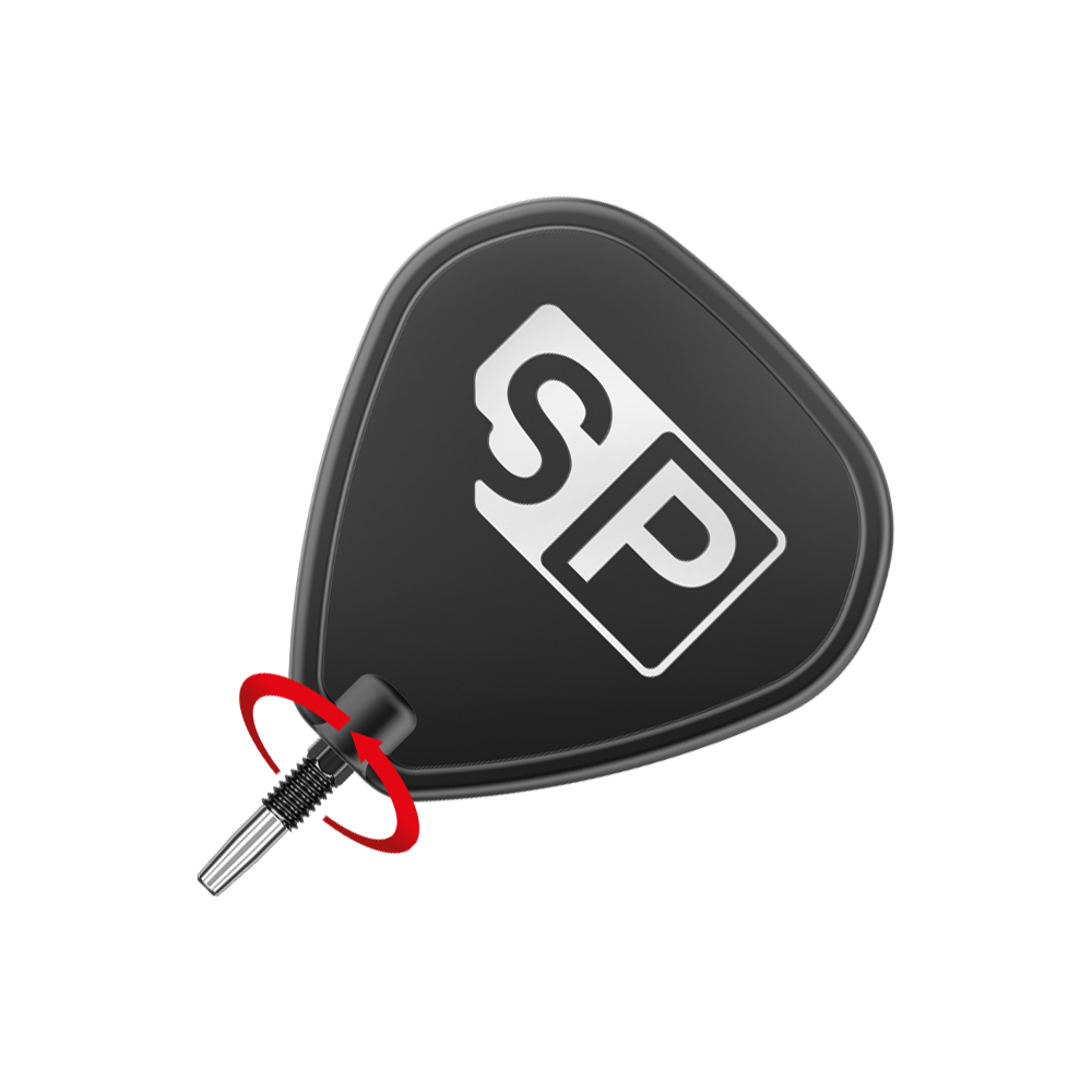 Target Swiss Point RVE dartpunten - Zwart Das Bild zeigt eine schwarze Dartspitze mit der Aufschrift "SP" in Weiß. Ein roter Pfeil deutet auf die Richtung hin, in der die Spitze eingedreht werden soll.