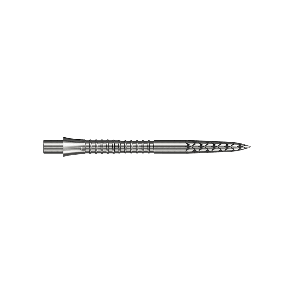 Mission Caliburn EVO dartpunten met GV-logo - zilver Eine silberfarbene Steeldartspitze mit einer Länge von 32 mm ist auf dem Bild zu sehen. Das Bild trägt den Dateinamen M002128_Missoin_Caliburn_EVO_GV-Logo_Steeldartspitzen_Silber_32mm_2.