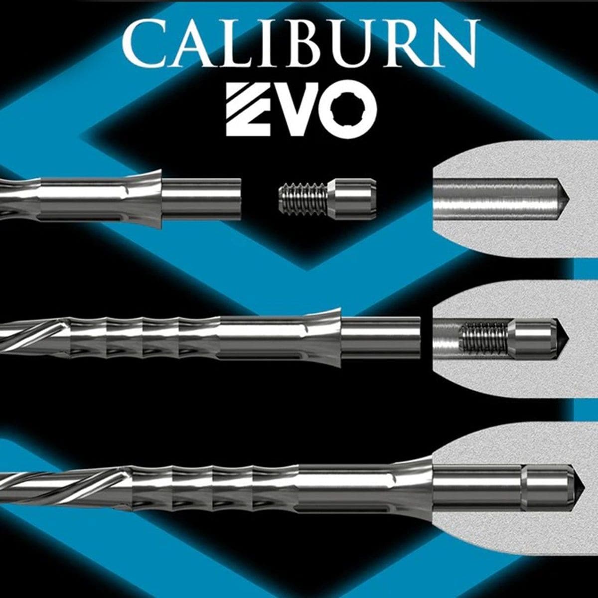 Das Bild zeigt eine Schritt-für-Schritt-Montage eines metallischen Bauteils mit dem Namen "Caliburn EVO". Oben im Bild steht der Schriftzug "CALIBURN EVO" auf schwarzem Hintergrund mit blauen Linien.