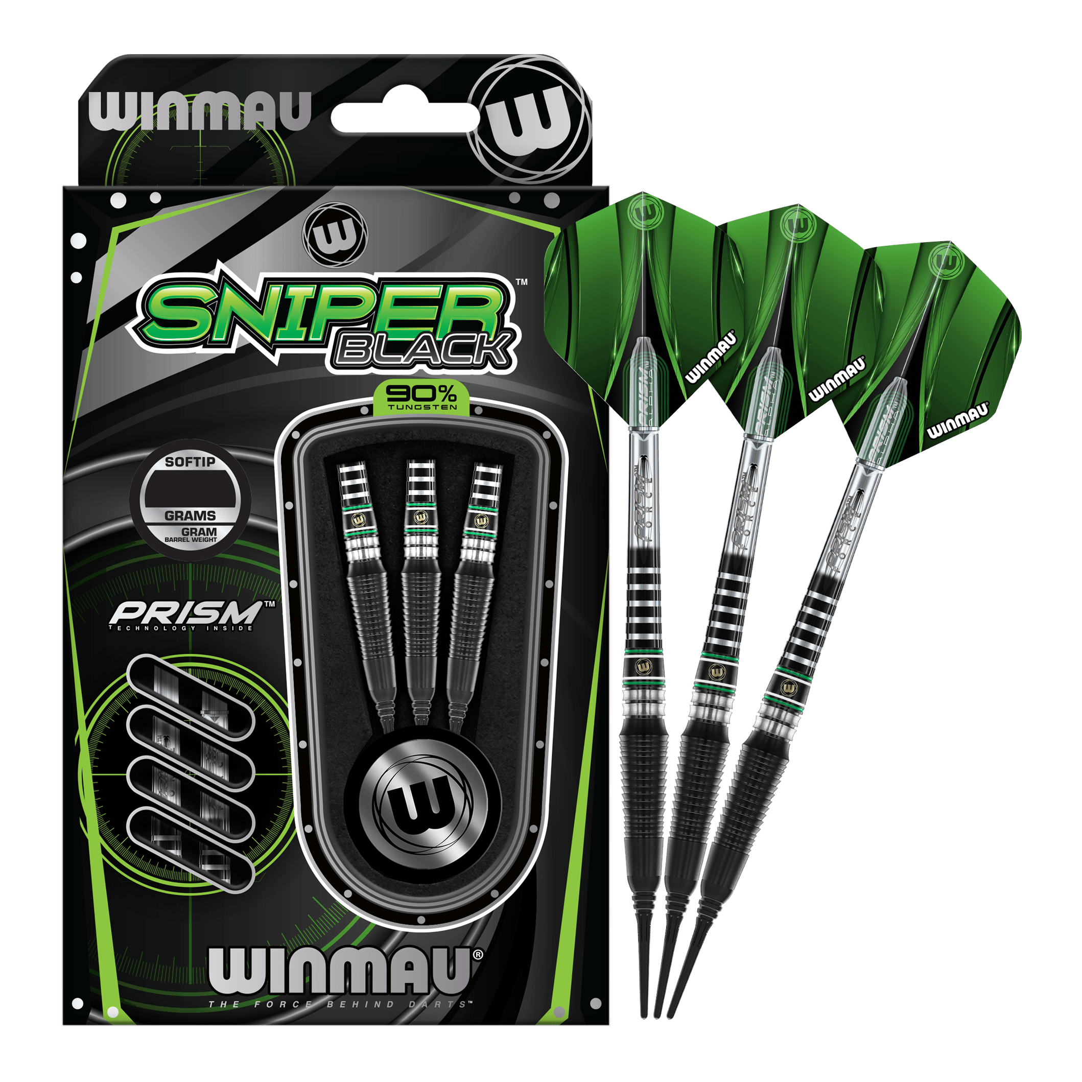 Winmau Sniper Black 2025 zachte darts - 20g Das Bild zeigt die Winmau Sniper Black 2025 Softdarts mit einem Gewicht von 20g. Die Darts sind schwarz und grün gestaltet und werden in einer Verpackung mit drei Stück präsentiert.