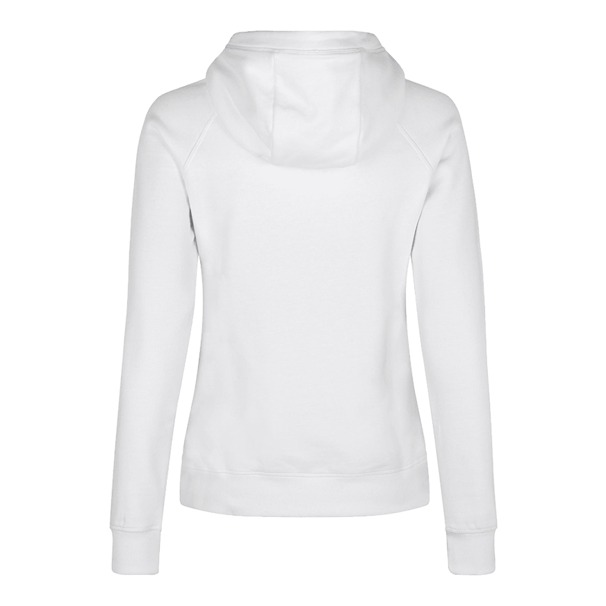 Barrels and Shafts Dameshoodie - Wit Dies ist ein weißer Damen-Hoodie, der von hinten zu sehen ist. Das schlichte Design zeigt lange Ärmel und eine Kapuze.