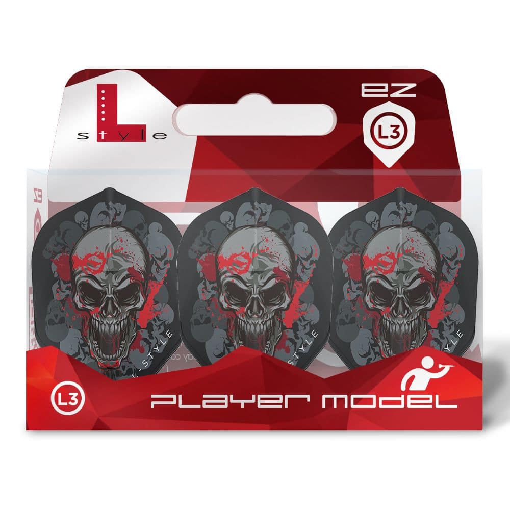 L-Style Ryan Searle V2 Black Signature Champagne L3EZ Flights Das Bild zeigt eine Packung L-Style Ryan Searle V2 Black Signature Champagne L3EZ Flights. Auf den Flights ist ein bedrohlicher Totenkopf mit roten Farbakzenten abgebildet.