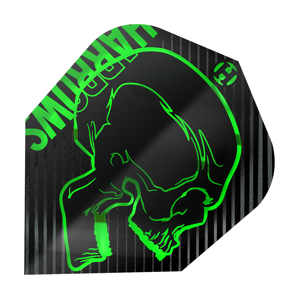 Harrows Rage Green No6 Vluchten Das Bild zeigt das Produkt "Harrows Rage Green No6 Flights". Auf dem Flight ist ein grüner Totenkopf auf schwarzem Hintergrund mit grünen Streifen abgebildet.