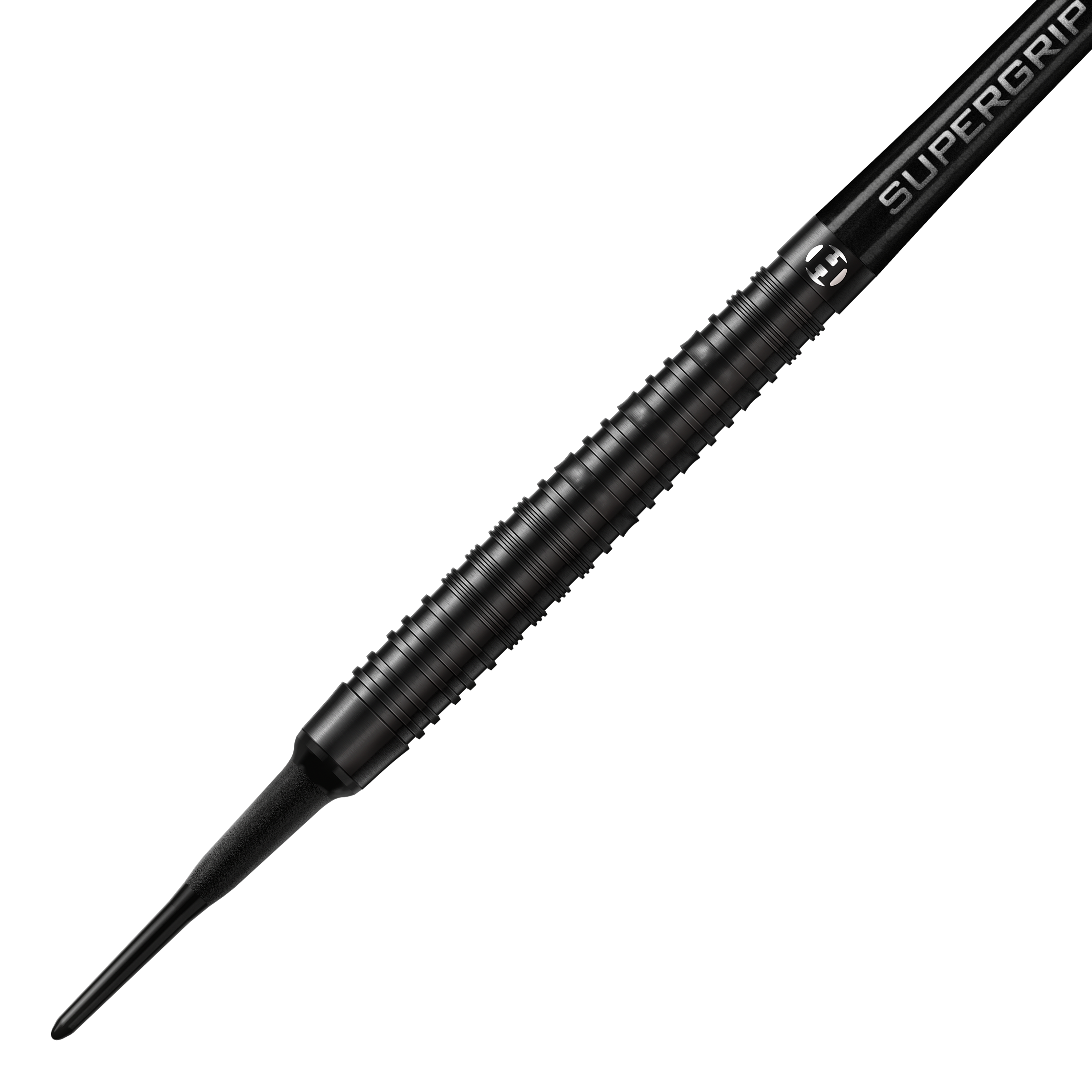 Harrows NX90 Black Edition zachte darts Dieses Bild zeigt den Harrows NX90 Black-Edition Softdart. Der Dart ist komplett schwarz und hat eine geriffelte, griffige Oberfläche.
