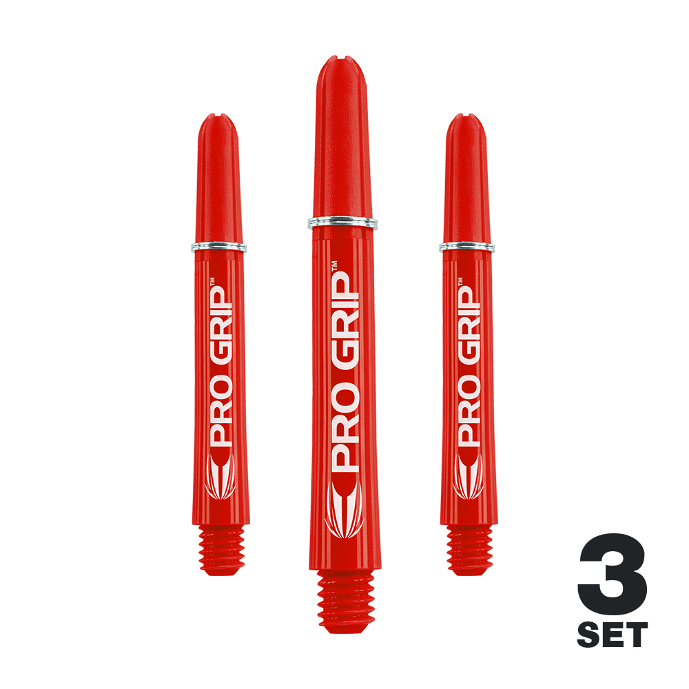 Target Pro Grip Shafts - 3 sets - Rood Auf dem Bild sind drei rote PRO GRIP Shafts für Darts zu sehen. Unten rechts steht "3 SET," was darauf hinweist, dass es sich um ein Set mit drei Stück handelt.