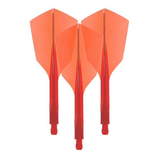 Condor Axe 120 Flight-System Clear Red - Narrow Das Bild zeigt drei rote Dartflights aus Kunststoff mit schmaler Form. Es handelt sich um das Produkt "Condor Axe 120 Flight-System Clear Red - Narrow".