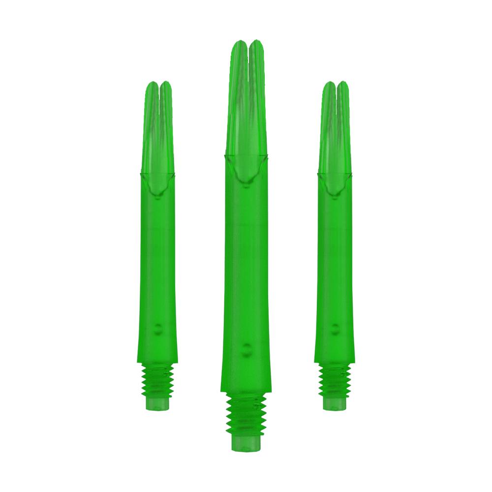 L-Style L-schachten vergrendeld recht - Groen Auf dem Bild sind drei gerade, grüne Dartshafts ohne Kappen zu sehen. Sie stehen nebeneinander und haben ein Schraubgewinde am unteren Ende.