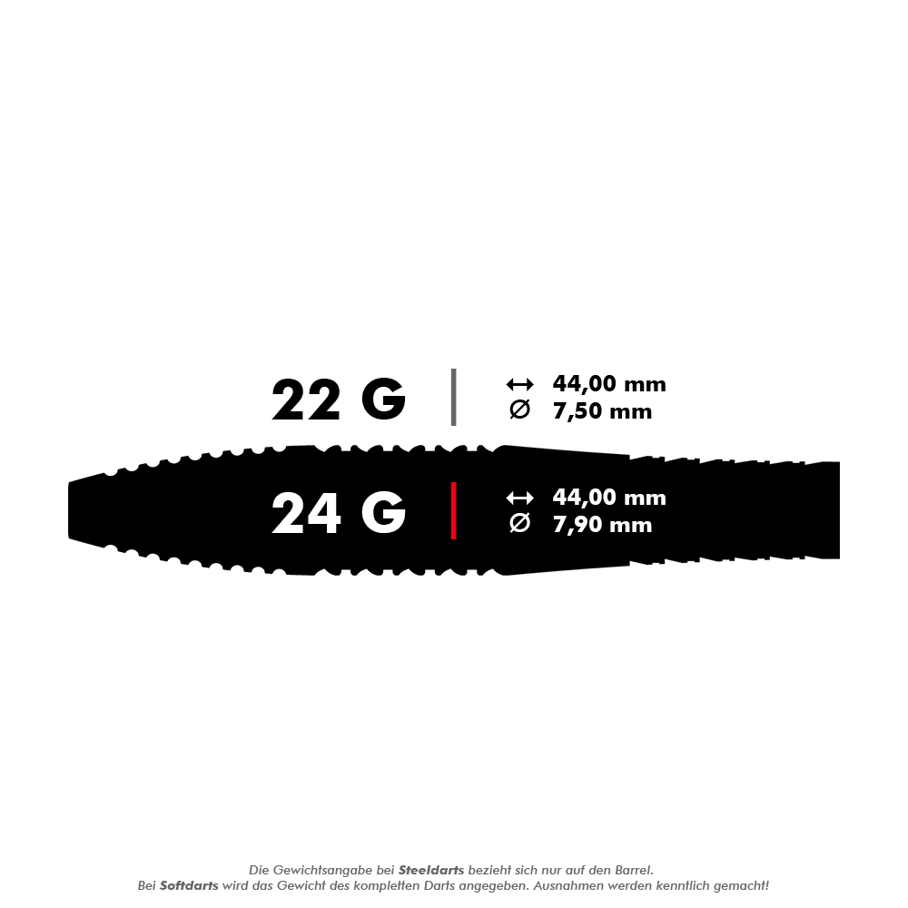 190063_Target_Bolide_05_Swiss_Point_Steeldarts_5_24g Das Bild zeigt die Produktinformationen zu den Target Bolide 05 Swiss Point Steeldarts. Die Darts wiegen 24 Gramm, sind 44,00 mm lang und haben einen Durchmesser von 7,90 mm.