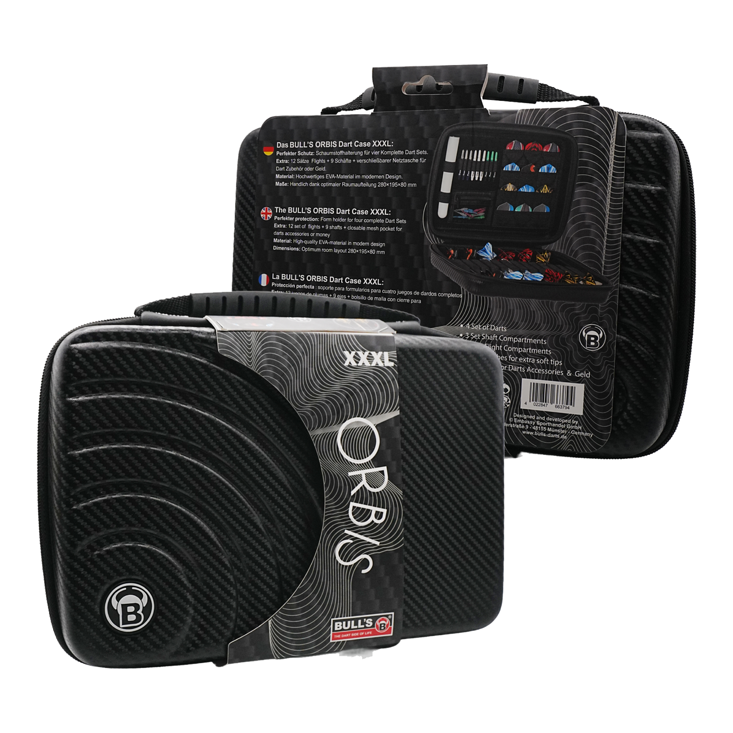 Bulls Orbis XXL dartcase - carbongrijs Das Bild zeigt das Produkt "Bulls Orbis XXL Dartcase - Carbongrey" in schwarzer Carbon-Optik. Das Dartcase ist groß und bietet Platz für mehrere Dart-Sets und Zubehör.