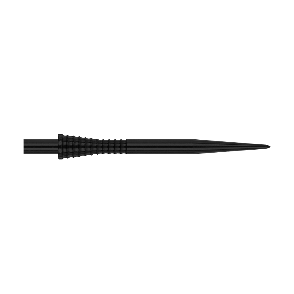 Red Dragon Raptor Gripped Black stalen dartpunten 38mm Das Bild zeigt die Red Dragon Raptor Gripped Black Steeldartspitze mit einer Länge von 38 mm. Die Spitze ist schwarz und hat eine geriffelte Grifffläche für besseren Halt.