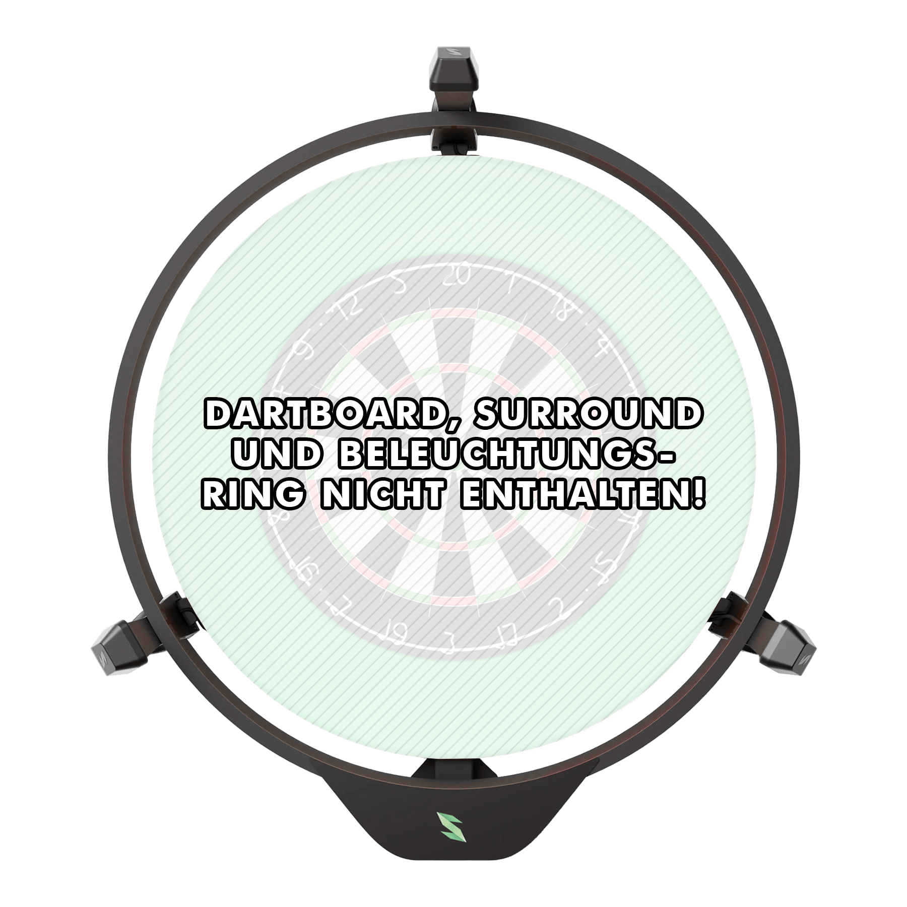 Scolia Home 2 Elektronisch Autoscoring Systeem 2026 Das Bild zeigt das Produkt "Scolia Home 2 Electronic Score System", das an einem Dartboard angebracht ist. Auf dem Bild steht geschrieben, dass Dartboard, Surround und Beleuchtungsring nicht enthalten sind.