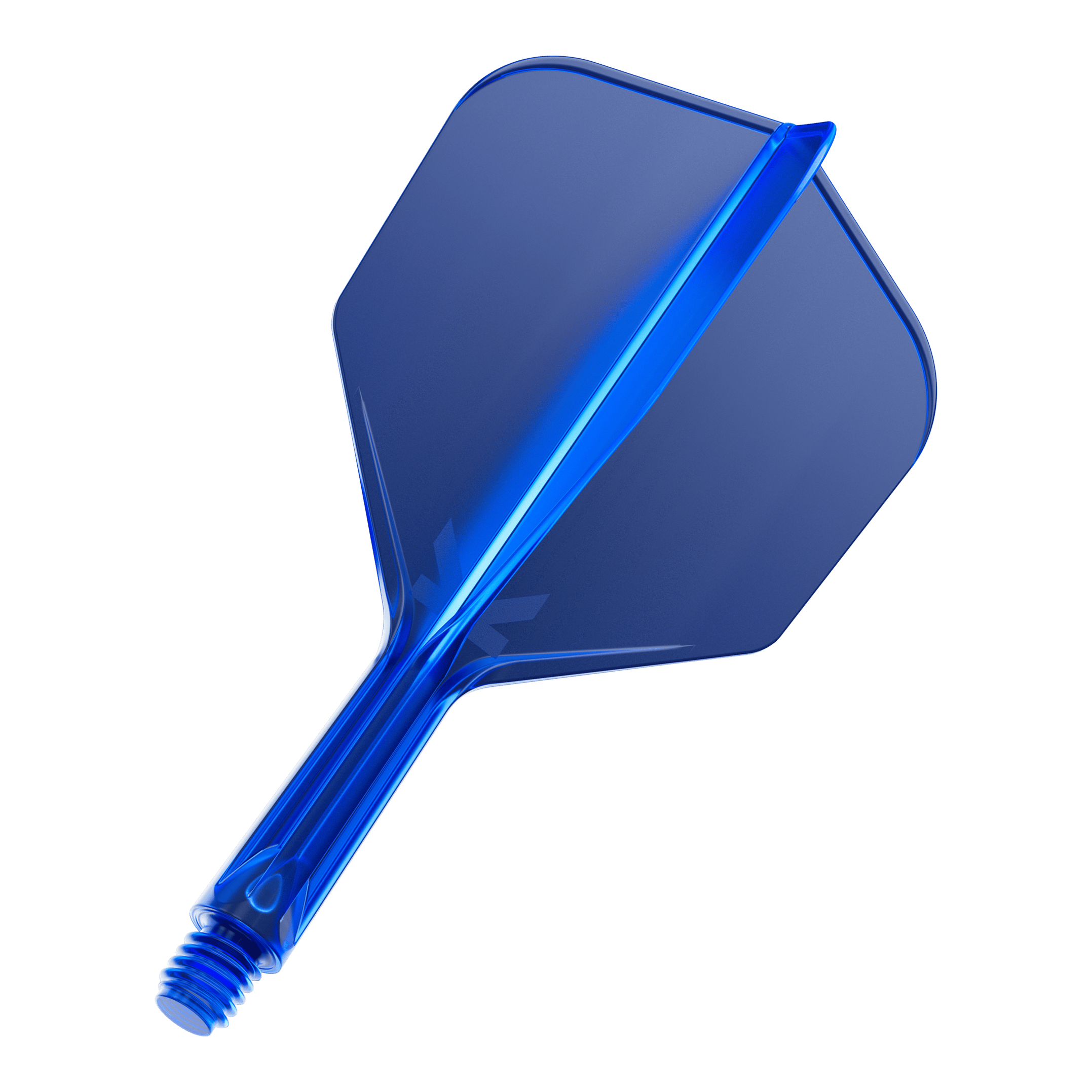 Target K-Flex No6 Flight System - Blauw Das Bild zeigt ein blaues Dartflight-System mit integriertem Schaft. Das Material wirkt durchsichtig und hat eine glatte, glänzende Oberfläche.
