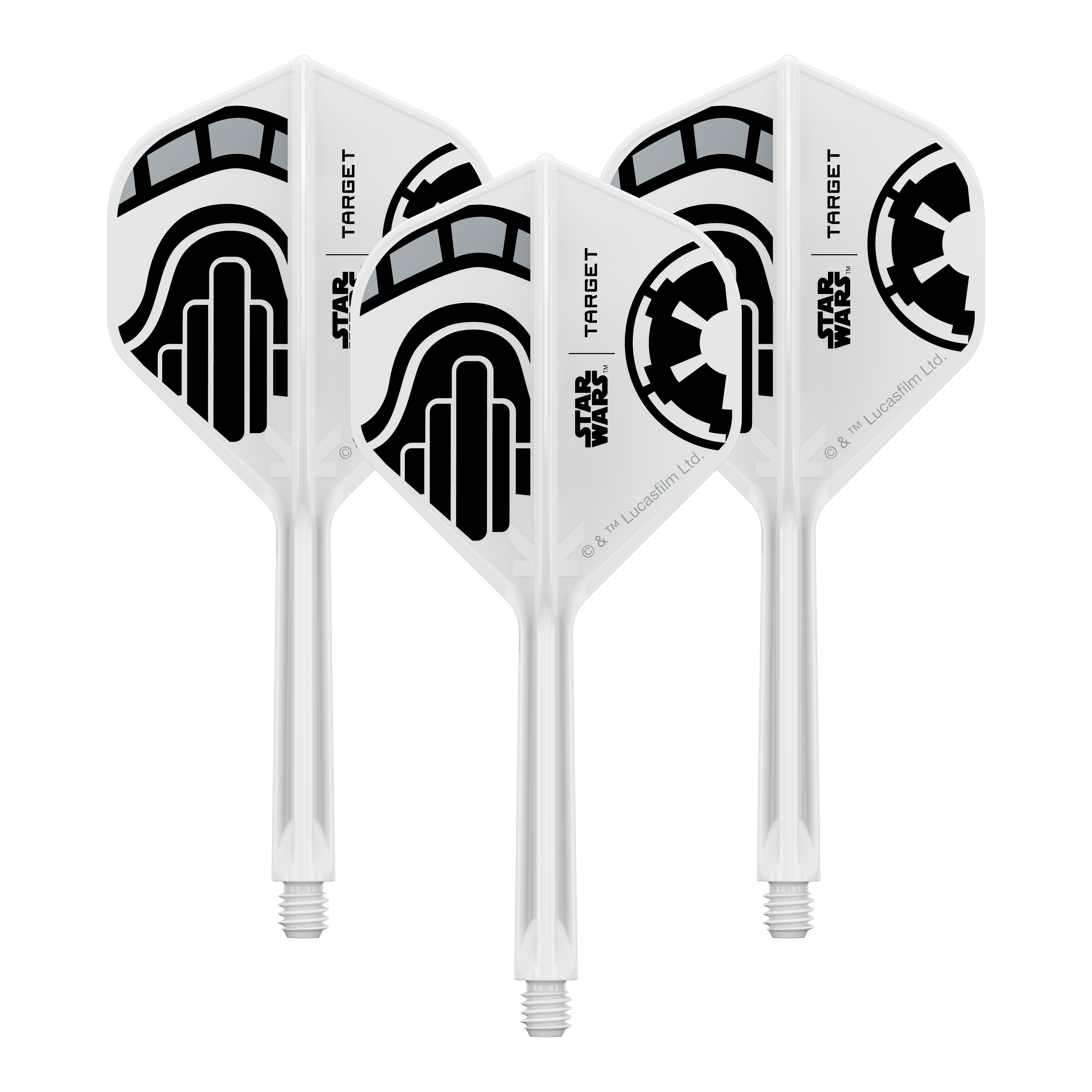 Target Star Wars K-Flex Stormtrooper No.2 Standaardvluchten Das Bild zeigt ein Set von Dart-Flights der Star Wars KFlex Stormtrooper No2 Standard Serie. Diese Version ist medium und hat eine Länge von 33 mm.