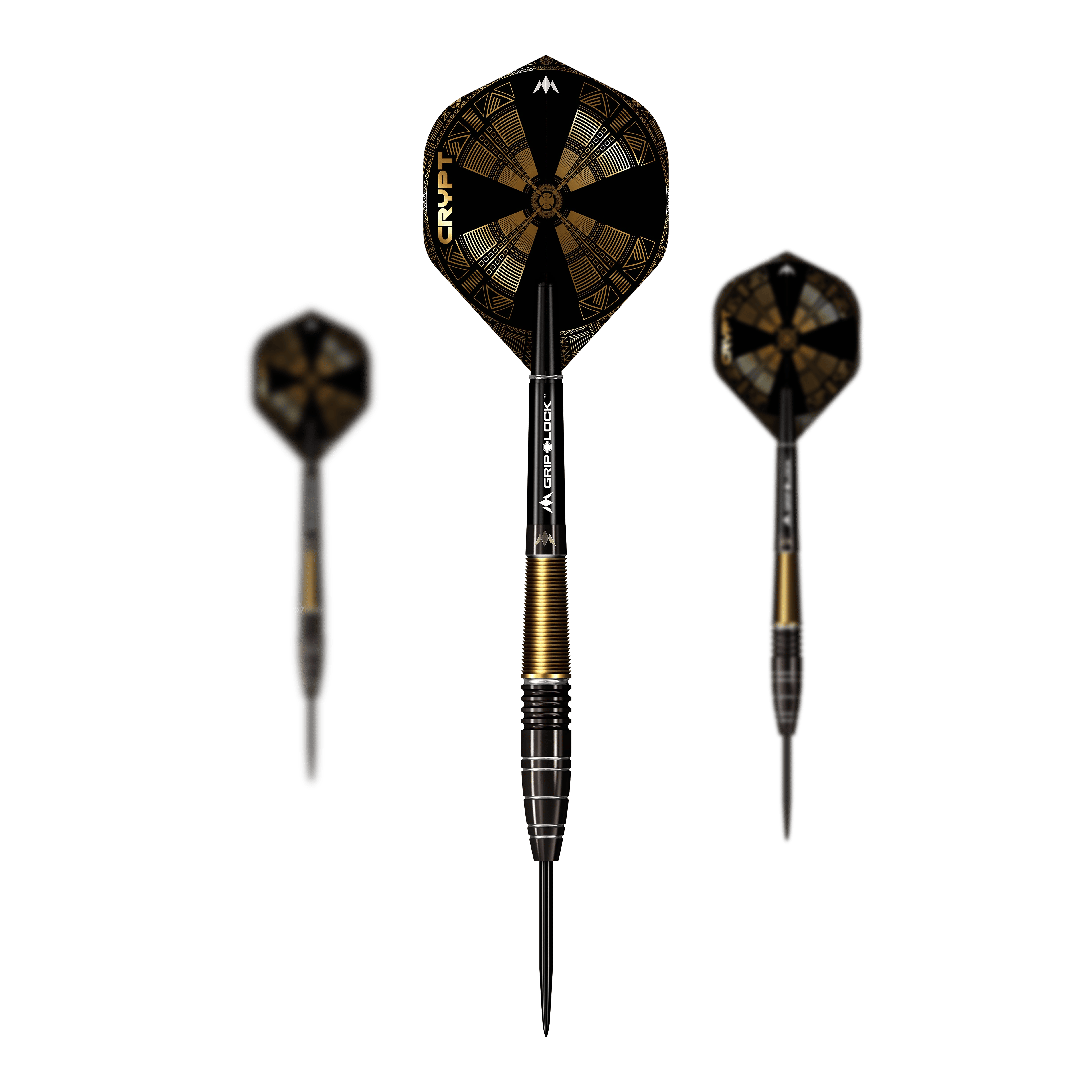 Mission Crypt Model 1 Steel Darts - 22g Die Abbildung zeigt drei Steeldarts des Modells "Mission Crypt Model 1" mit einem Gewicht von 22g. Die Darts sind schwarz-golden gestaltet und haben ein modernes, geometrisches Flight-Design.