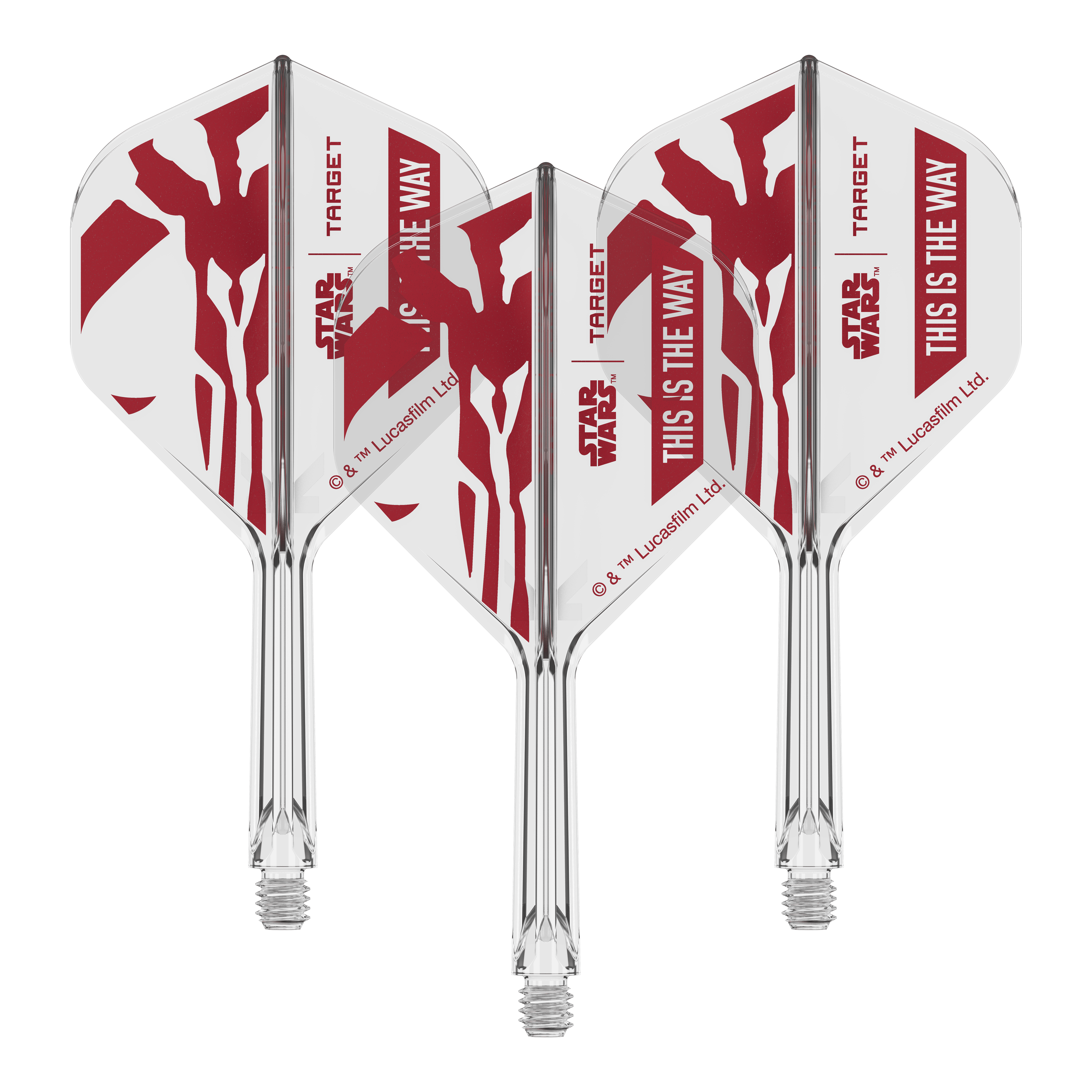 Target Star Wars K-Flex Set Mandalorian No2 Standaard Flights Gezeigt wird das Produkt mit dem Dateinamen 410621_Target_StarWars_K-Flex_ThisIsTheWay_No2_Standard_Flights_26mm_2b. Das Motiv scheint an den Star Wars Spruch 'This is the Way' angelehnt zu sein.