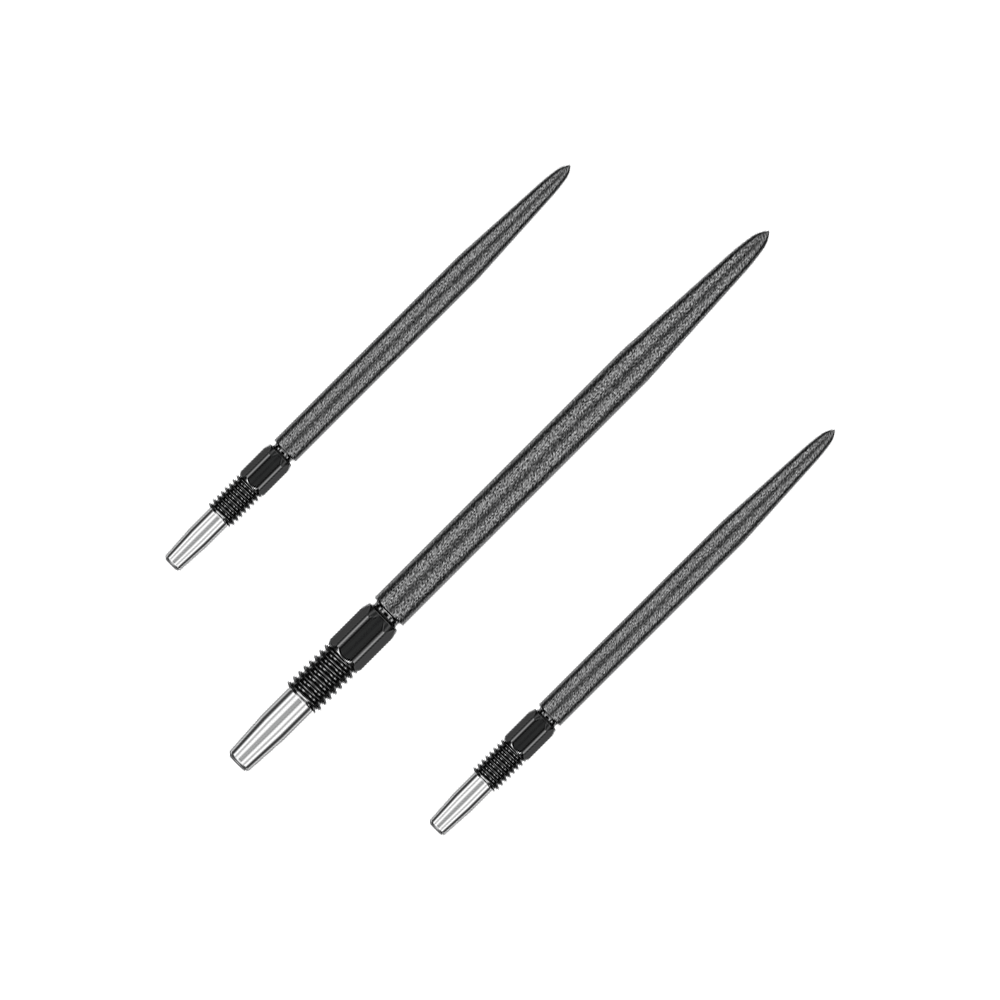 Target Swiss Point SLK dartpunten - Zwart Das Bild zeigt drei schwarze Dartspitzen, die nebeneinander liegen. Sie haben eine metallische Spitze und einen geriffelten Abschnitt am Ende.