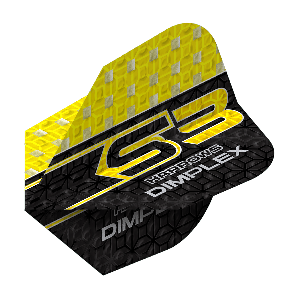 Harrows Dimplex S3 Flights - Geel Das Bild zeigt einen Harrows Dimplex S3 Flight in Gelb und Schwarz. Auf dem Flight steht "S3 HARROWS DIMPLEX" in auffälliger Schrift.