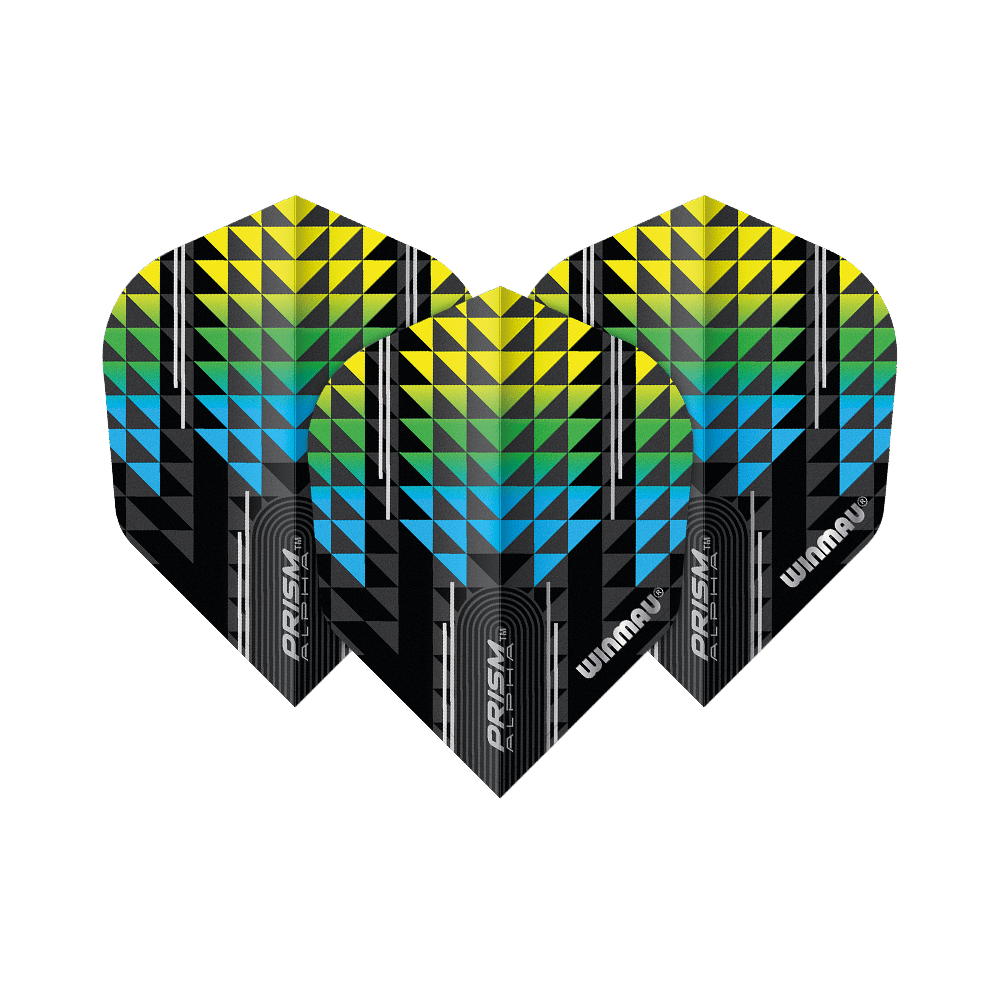 Das Bild zeigt drei Winmau Prism Alpha Flights in den Farben Blau, Grün und Gelb. Die Flights haben ein modernes, geometrisches Muster mit dem Schriftzug "Winmau" und "Prism Alpha".