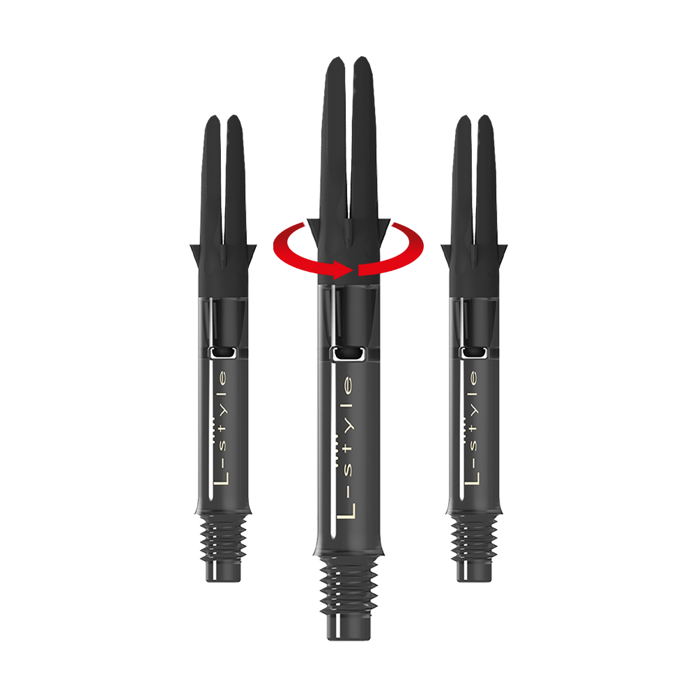 L-L-Style-Shaft Carbon Silent Straight - Zwart Das Bild zeigt drei schwarze Dartschäfte der Marke L-Style in einer geraden Anordnung. Über dem mittleren Schaft ist ein roter Pfeil, der eine Drehbewegung anzeigt.