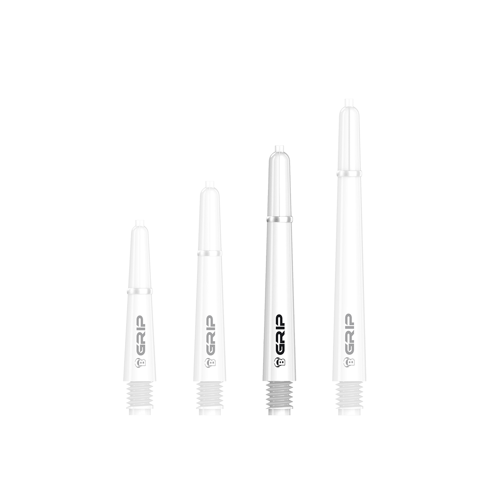 BS55069_Bulls_B-Grip-2_SL_Shafts_Weiss_41mm_1aC7htoVTCV4T3 Auf dem Bild sind vier weiße Dartschäfte des Modells „Bulls B-Grip-2 SL Shafts“ in unterschiedlichen Längen zu sehen. Die Schäfte haben ein schlichtes Design mit schwarzer Aufschrift „GRIP“.