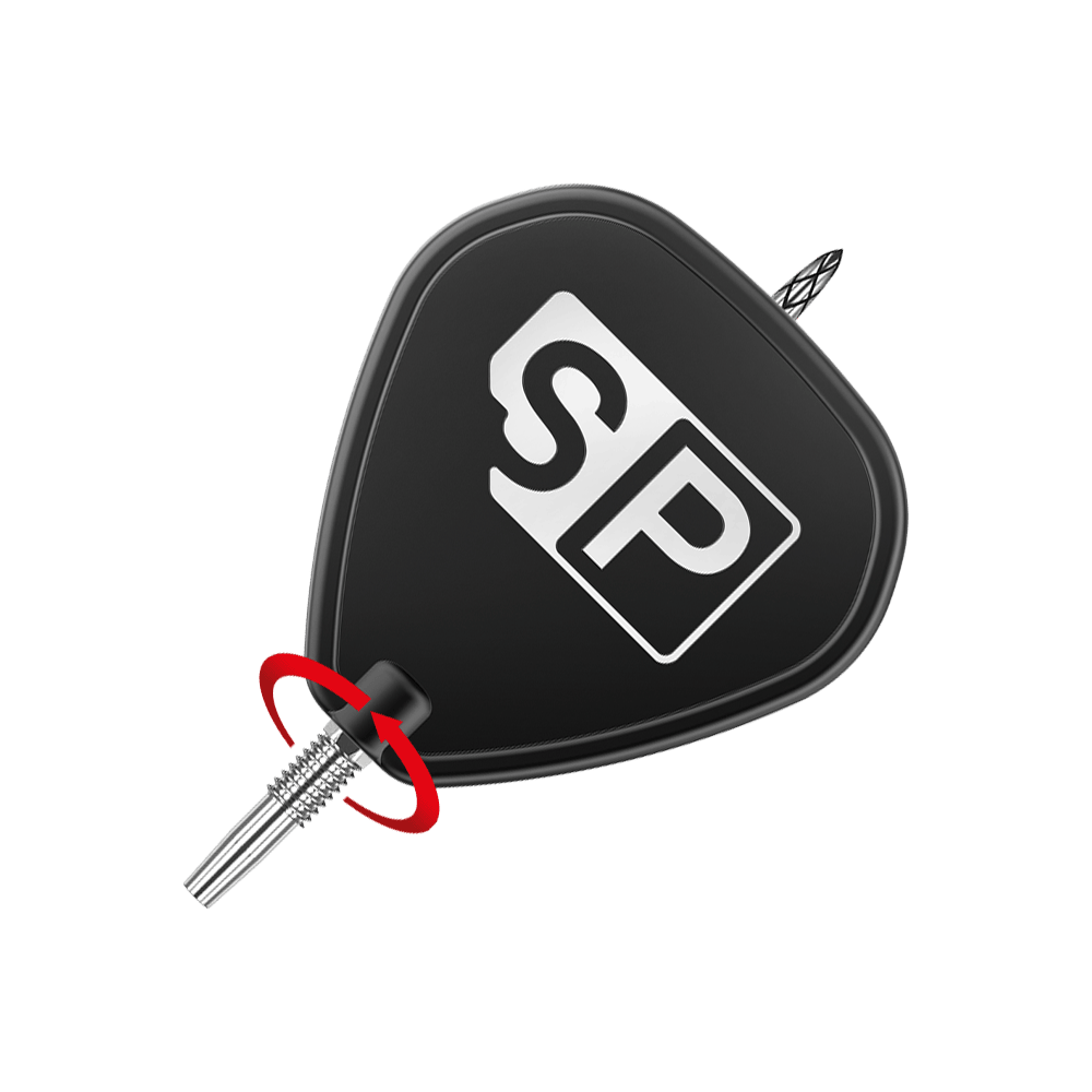 Target Swiss DS Surge Point dartpunten - Zilver Das Bild zeigt die Spitze eines Dartpfeils mit einem schwarzen Flight, auf dem die Buchstaben "SP" in Weiß abgebildet sind. Ein roter Pfeil weist auf den Befestigungspunkt der Spitze hin.
