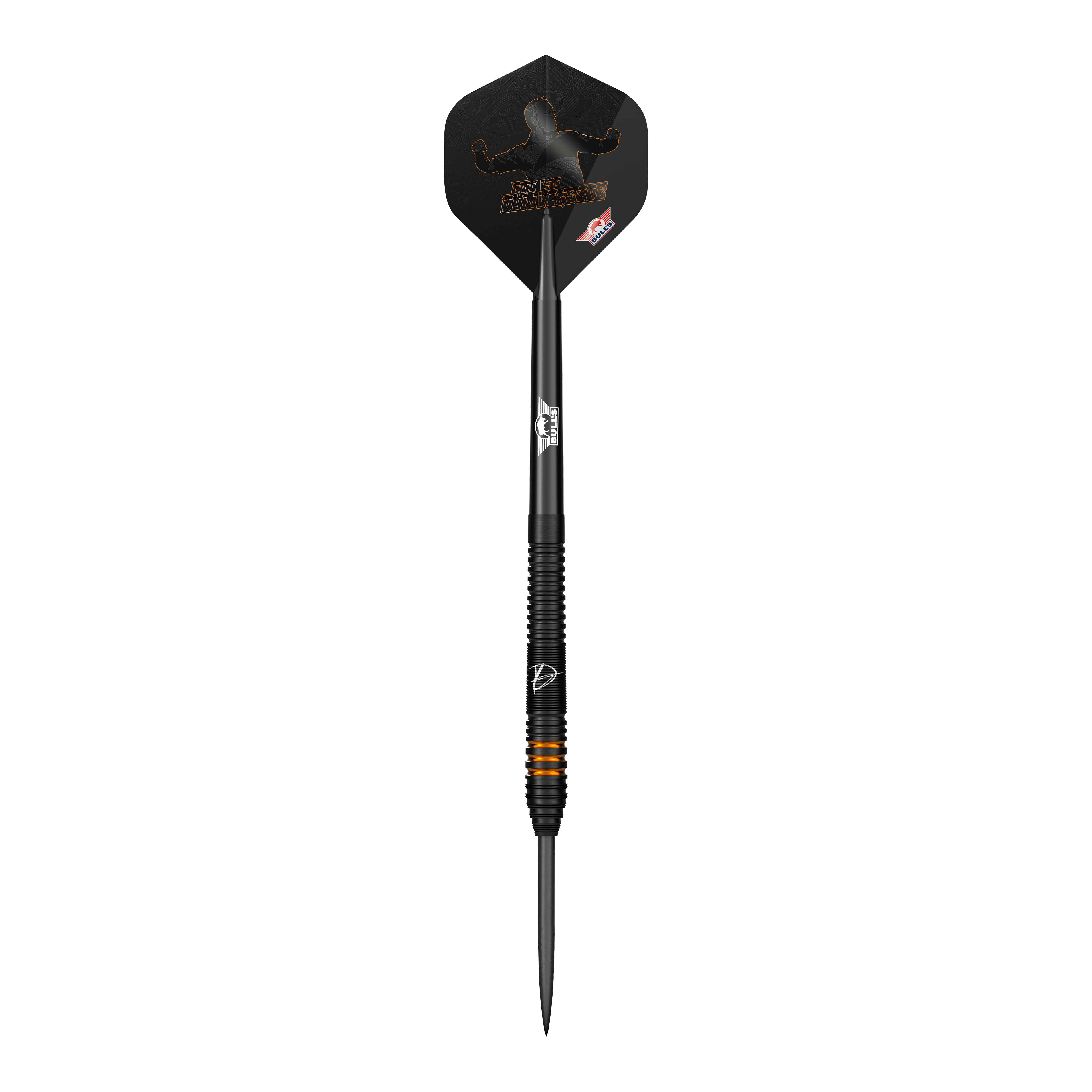 Bulls NL Dirk Van Duijvenbode Editie 2 stalen darts Auf dem Bild ist ein Steeldart aus der Serie "Bulls NL Dirk Van Duijvenbode Edition 2" zu sehen. Der Dart ist überwiegend schwarz mit orangefarbenen Akzenten und hat eine auffällige Flights-Gestaltung.