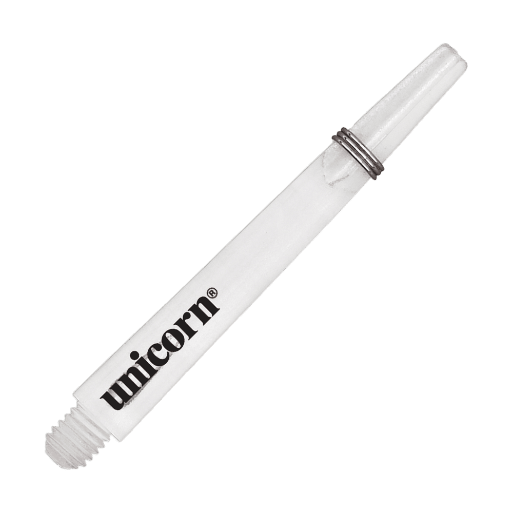 Unicorn Gripper 3 Mirage Shafts - Transparant - 44,2 mm Das Bild zeigt einen klaren Unicorn Gripper 3 Mirage Shaft mit einer Länge von 44,2 mm. Auf dem Schaft ist das Wort "unicorn" aufgedruckt.
