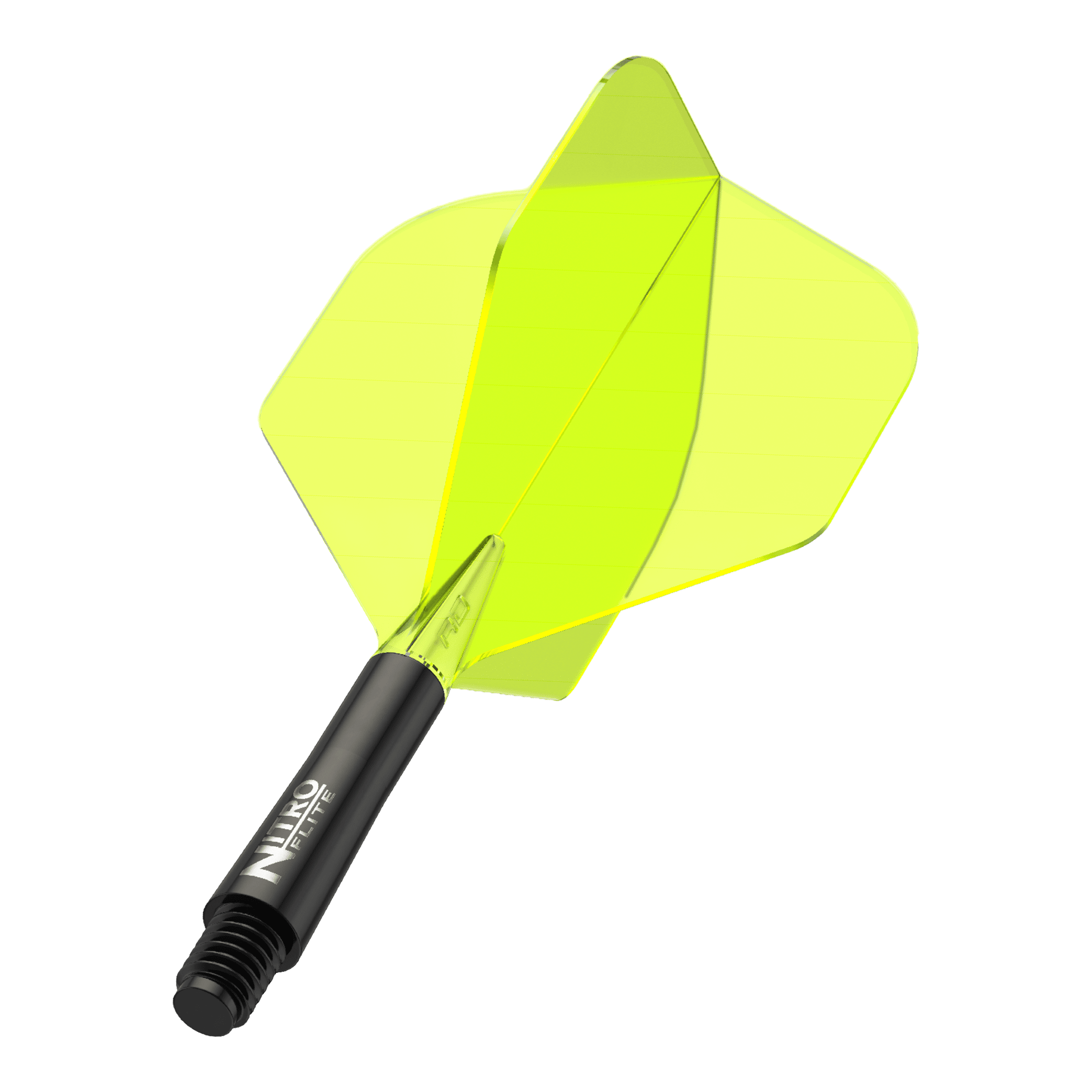 Das Bild zeigt ein Dart-Flügel-Set mit einem leuchtend gelben Flight und schwarzem Schaft. Auf dem Schaft steht der Schriftzug "Nitro Flite".