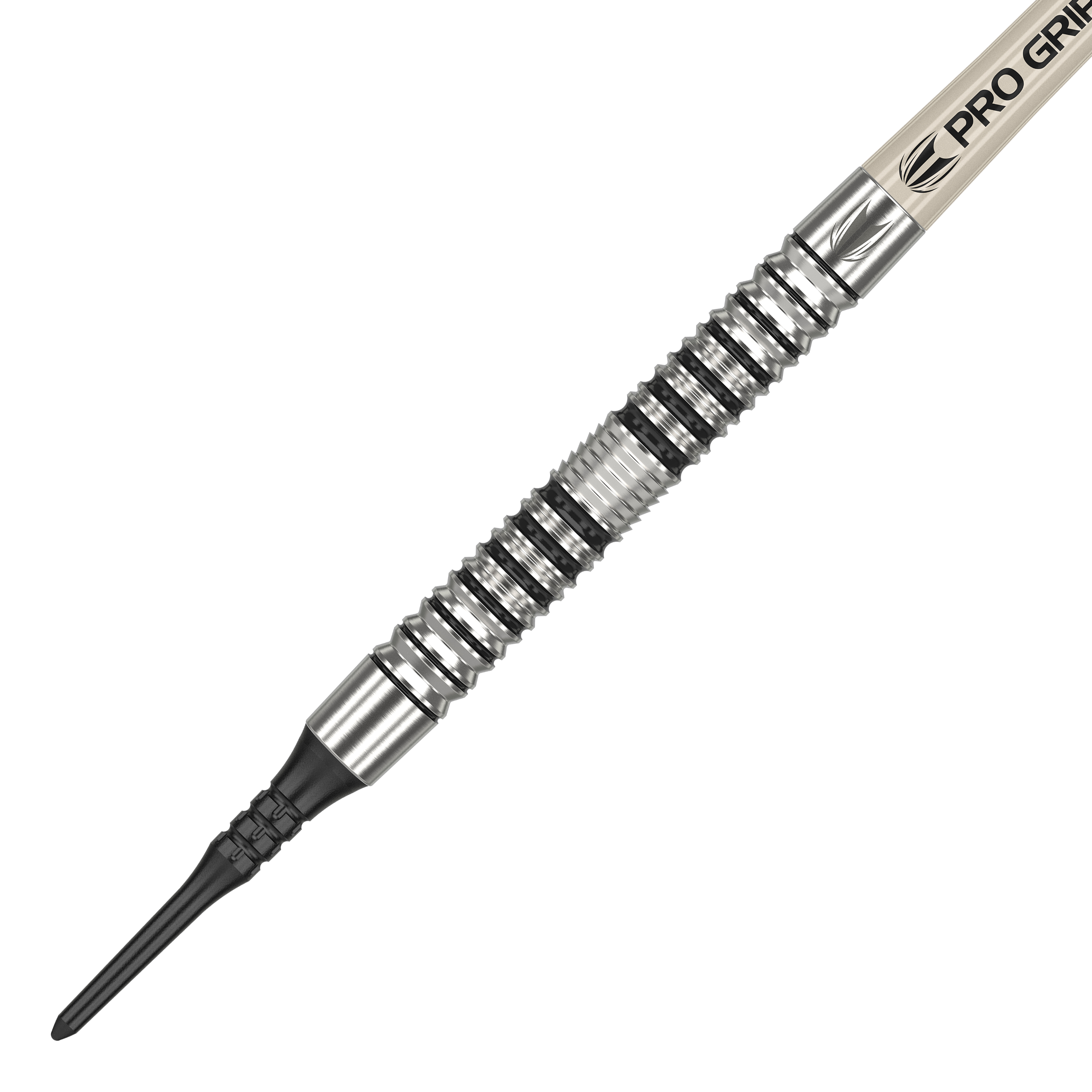 Target EXO 10 Zachte Darts Das Bild zeigt einen Target EXO 10 Softdart. Der Dartpfeil hat ein silbernes, gerilltes Griffstück und eine schwarze Kunststoffspitze.