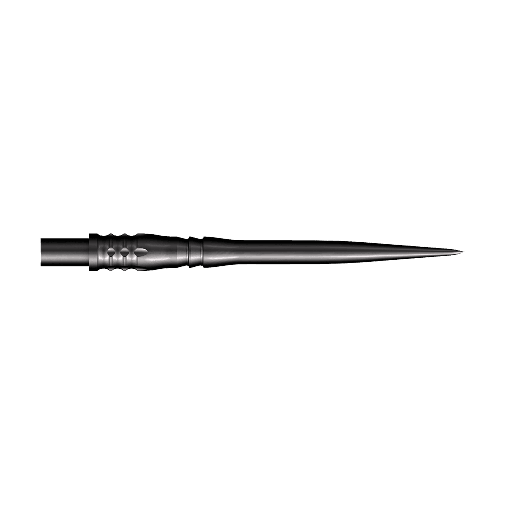 Das Bild zeigt eine schwarze Steeldart-Spitze mit einer Länge von 35 mm. Die Spitze hat ein schlankes, spitz zulaufendes Design und strukturierte Rillen am Schaft.