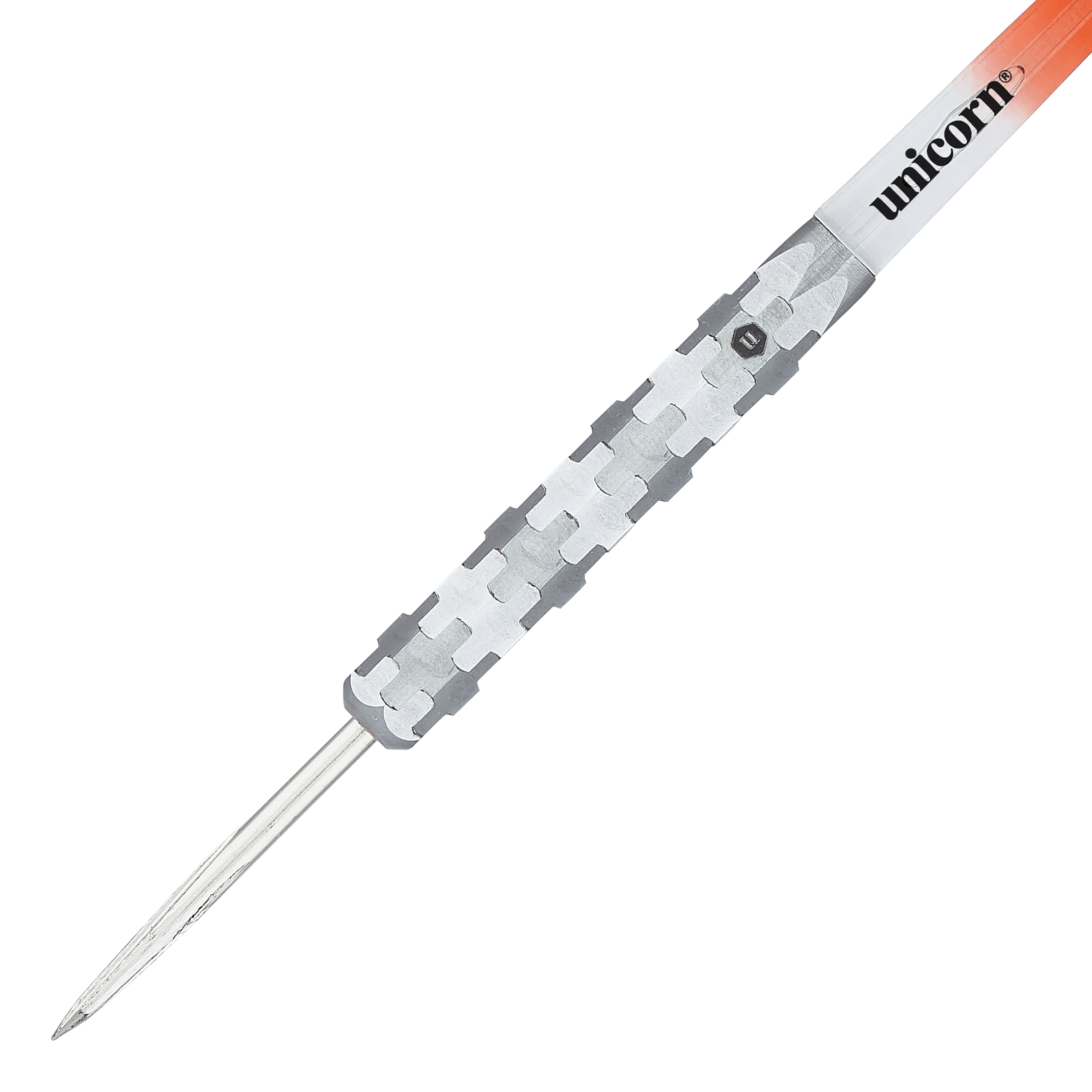 Unicorn Ballista Style 1 stalen darts Das Bild zeigt einen Unicorn Ballista Style 1 Steeldart. Der Dart hat einen silbernen, strukturierten Griff und eine spitze Metallspitze.