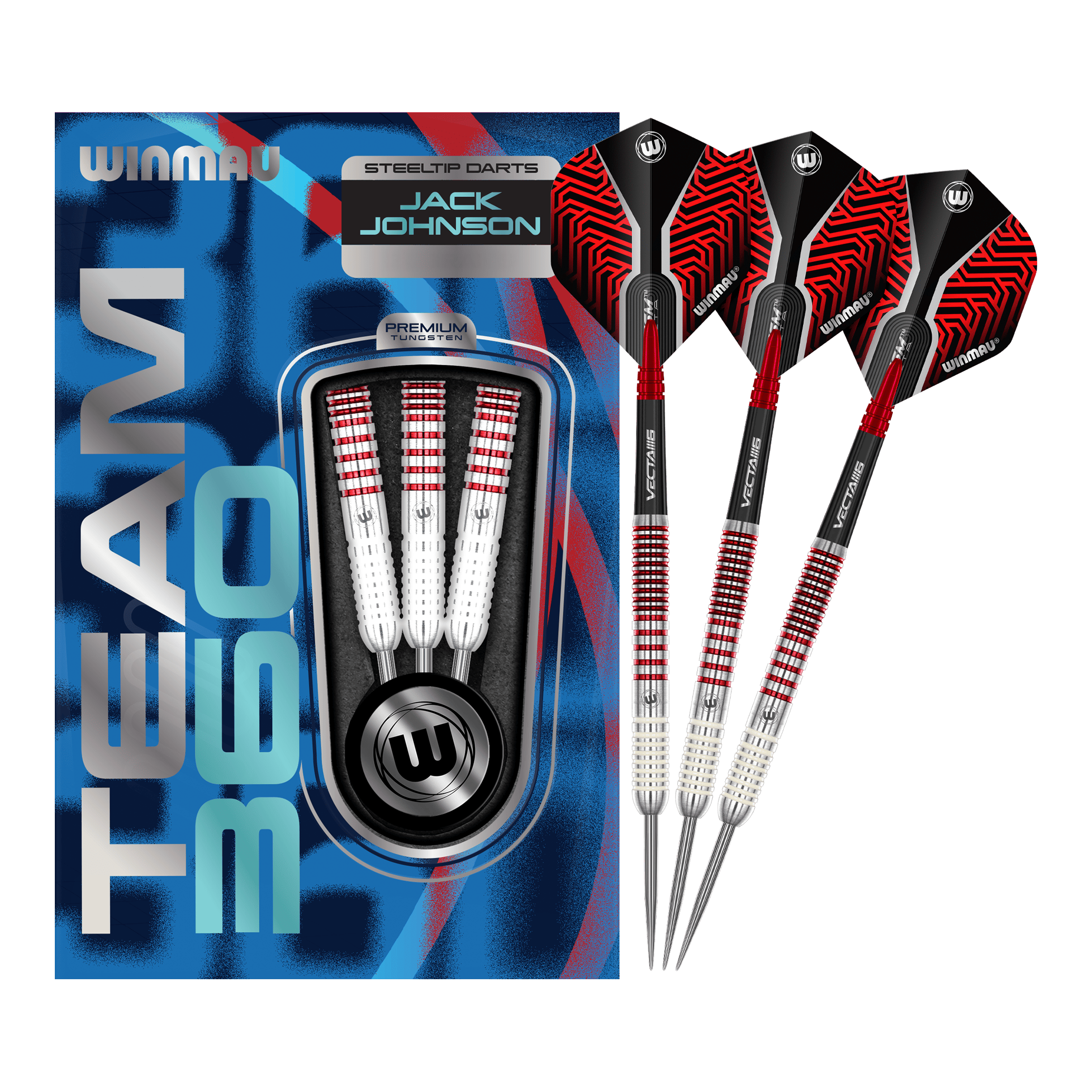 Das Bild zeigt das komplette Set der Winmau Team 360 Jack Johnson Steeldarts mit 24g. Die Steeldarts sind für präzises Werfen entwickelt.
